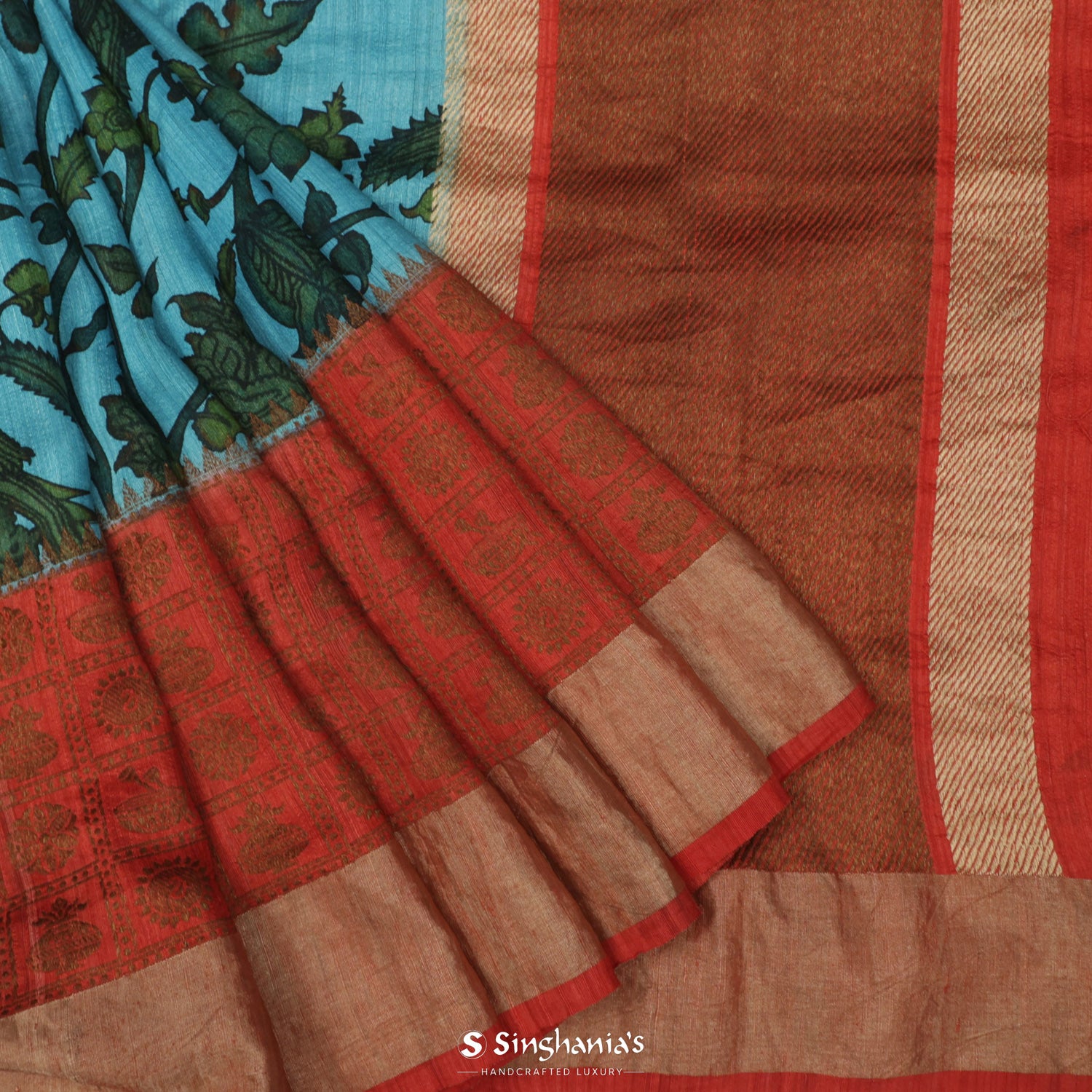 Vivid Sky Blue Printed Matka Saree With Kalamkari Inspired Pattern