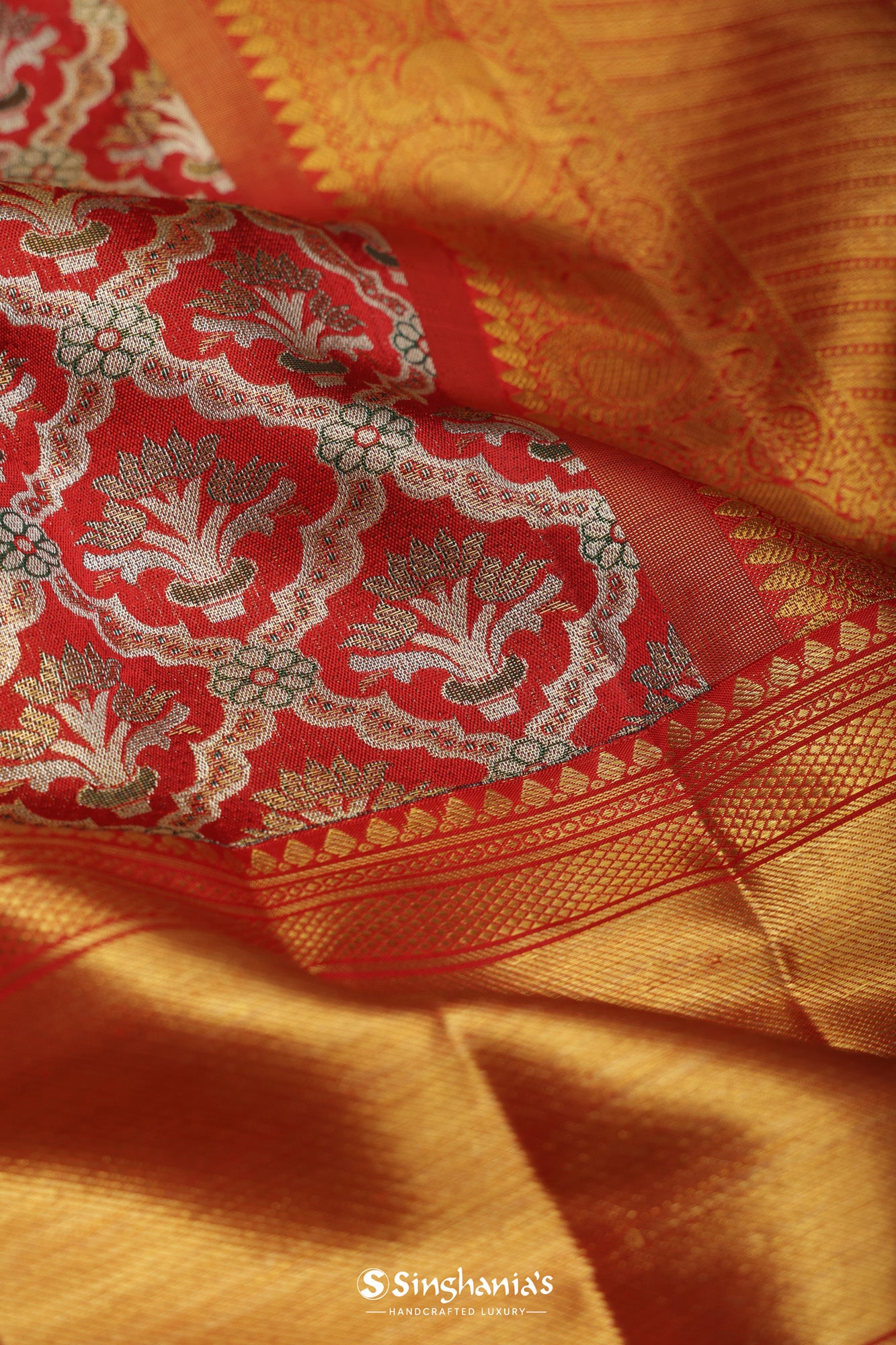 Dark Desire Red Kanjivaram Silk Saree With Kaddi Border