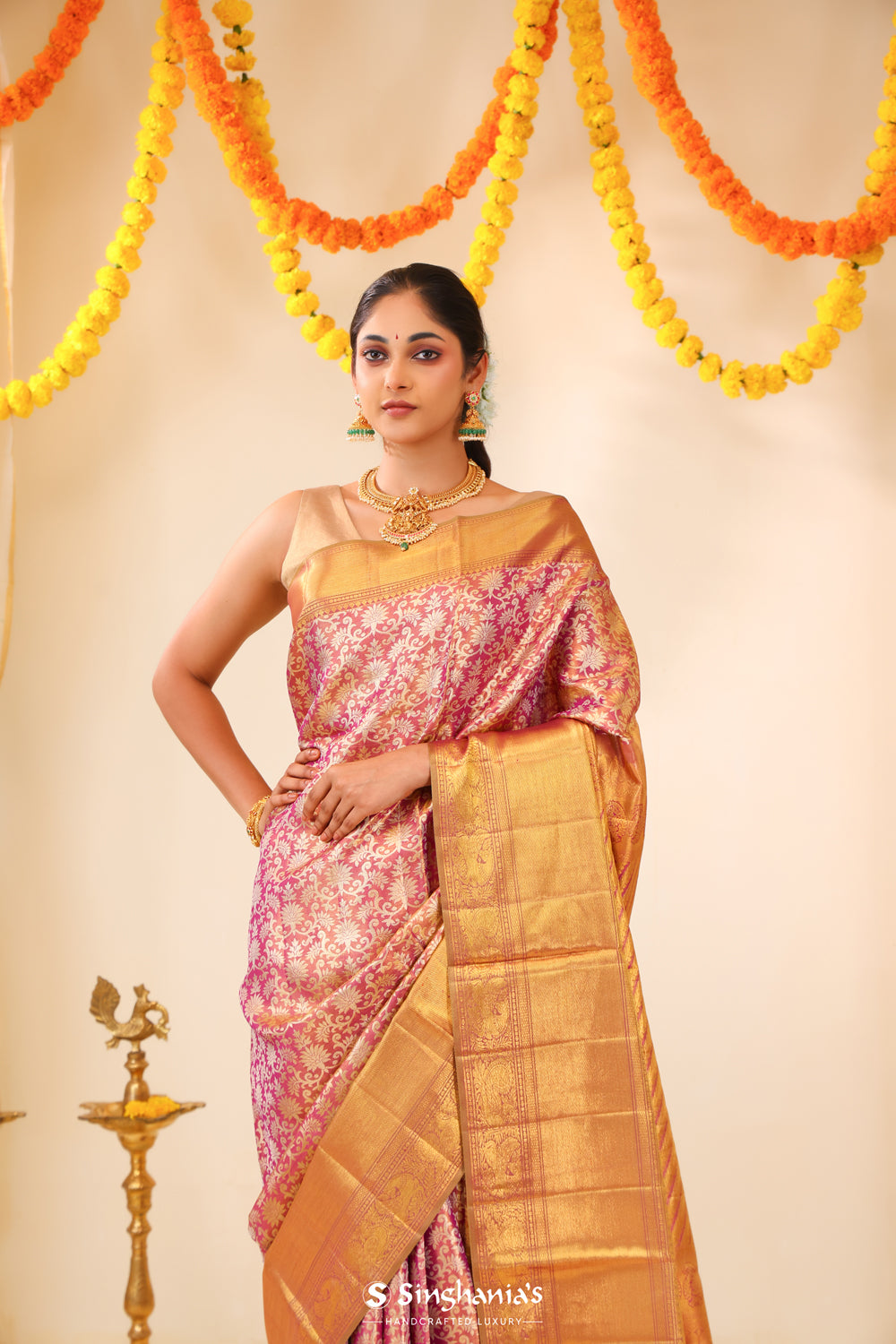 Medium Orchid Tissue Kanjivaram Saree With Floral Jaal