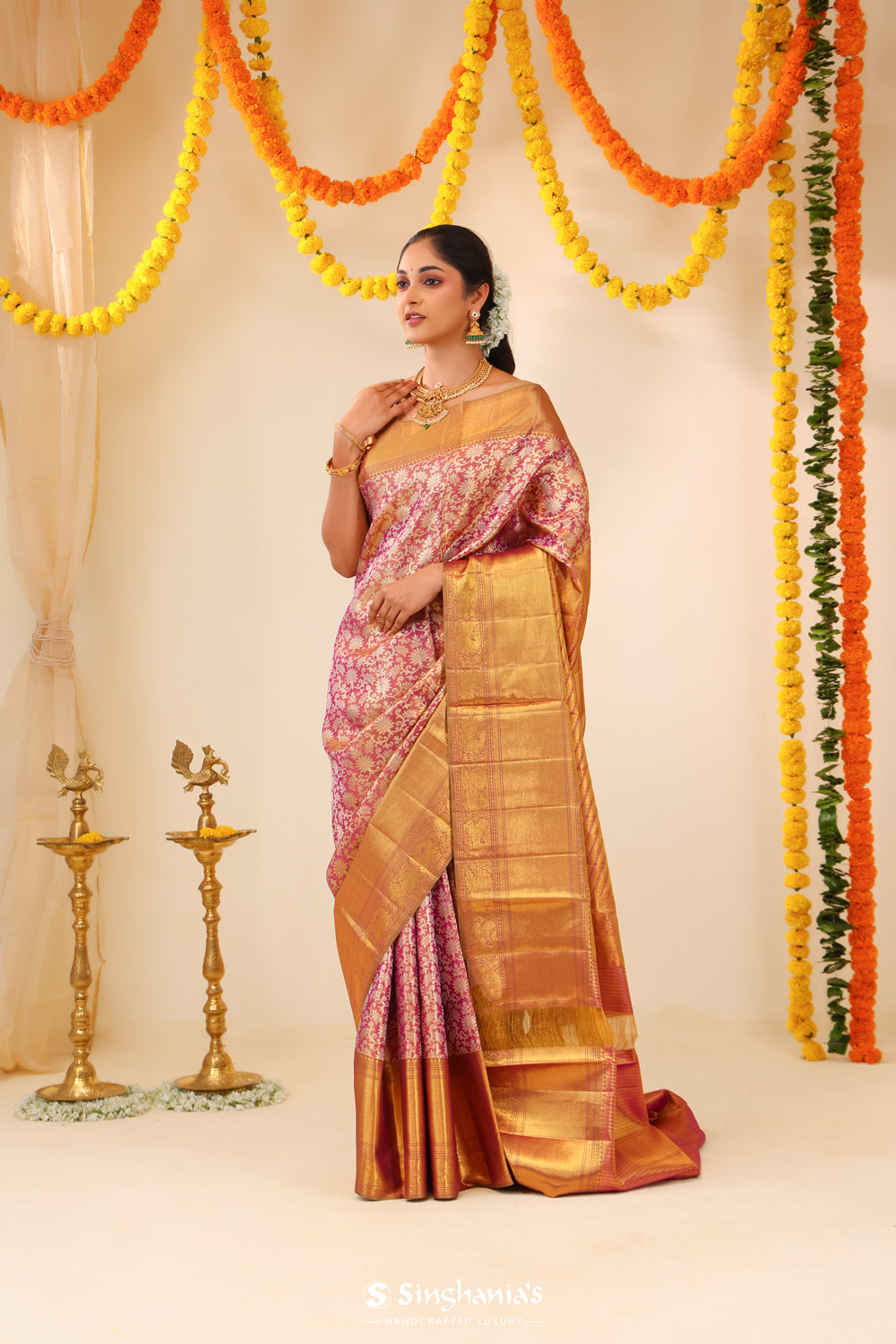 Medium Orchid Tissue Kanjivaram Saree With Floral Jaal