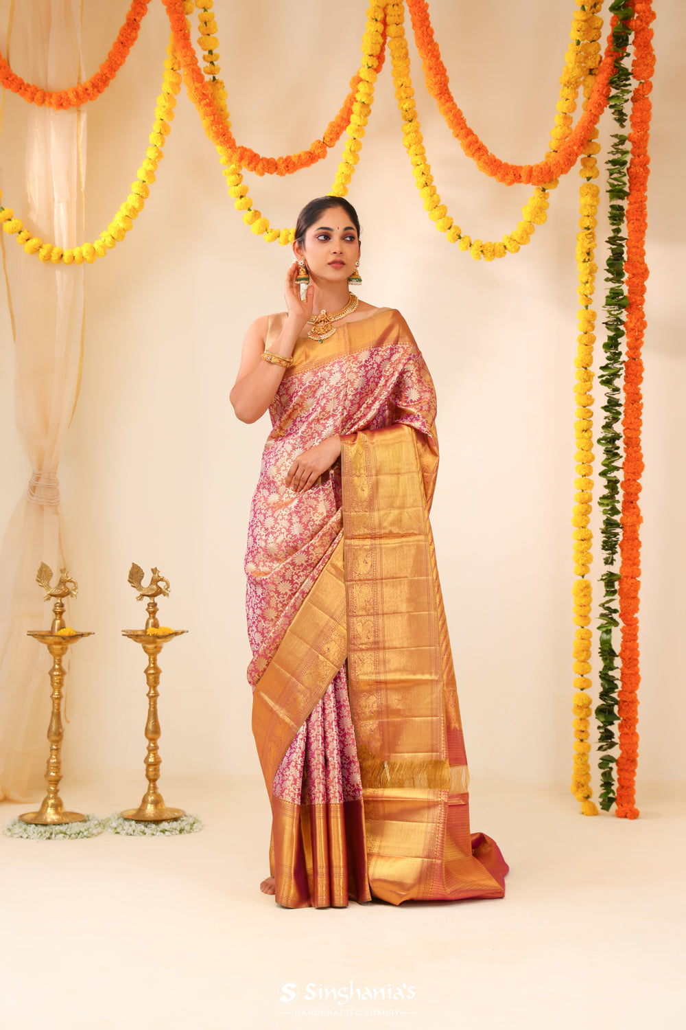 Medium Orchid Tissue Kanjivaram Saree With Floral Jaal