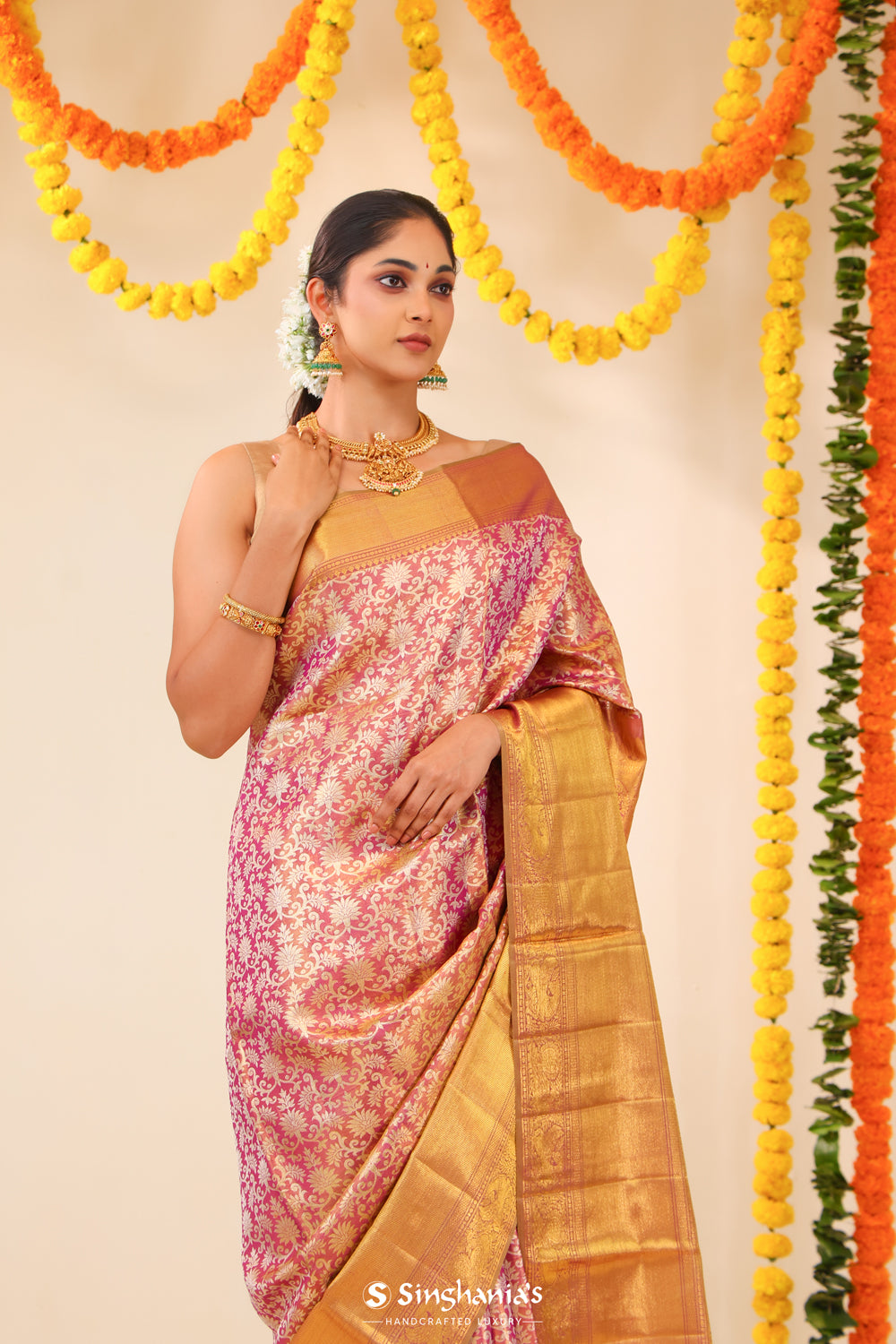 Medium Orchid Tissue Kanjivaram Saree With Floral Jaal