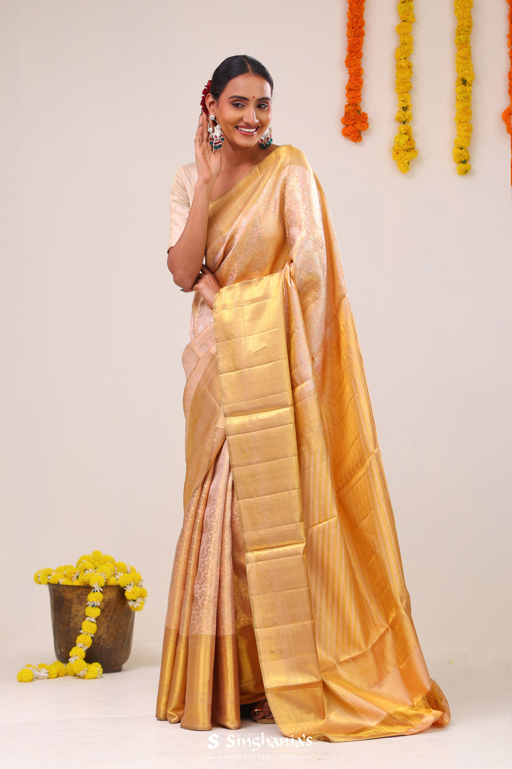 Pastel Peach Jaal Kanjivaram Silk Saree