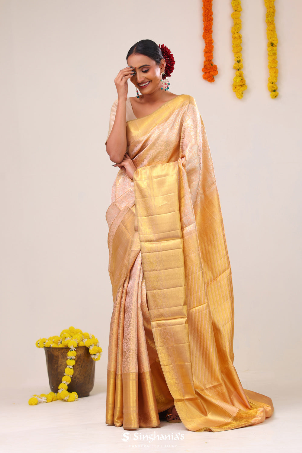 Pastel Peach Jaal Kanjivaram Silk Saree