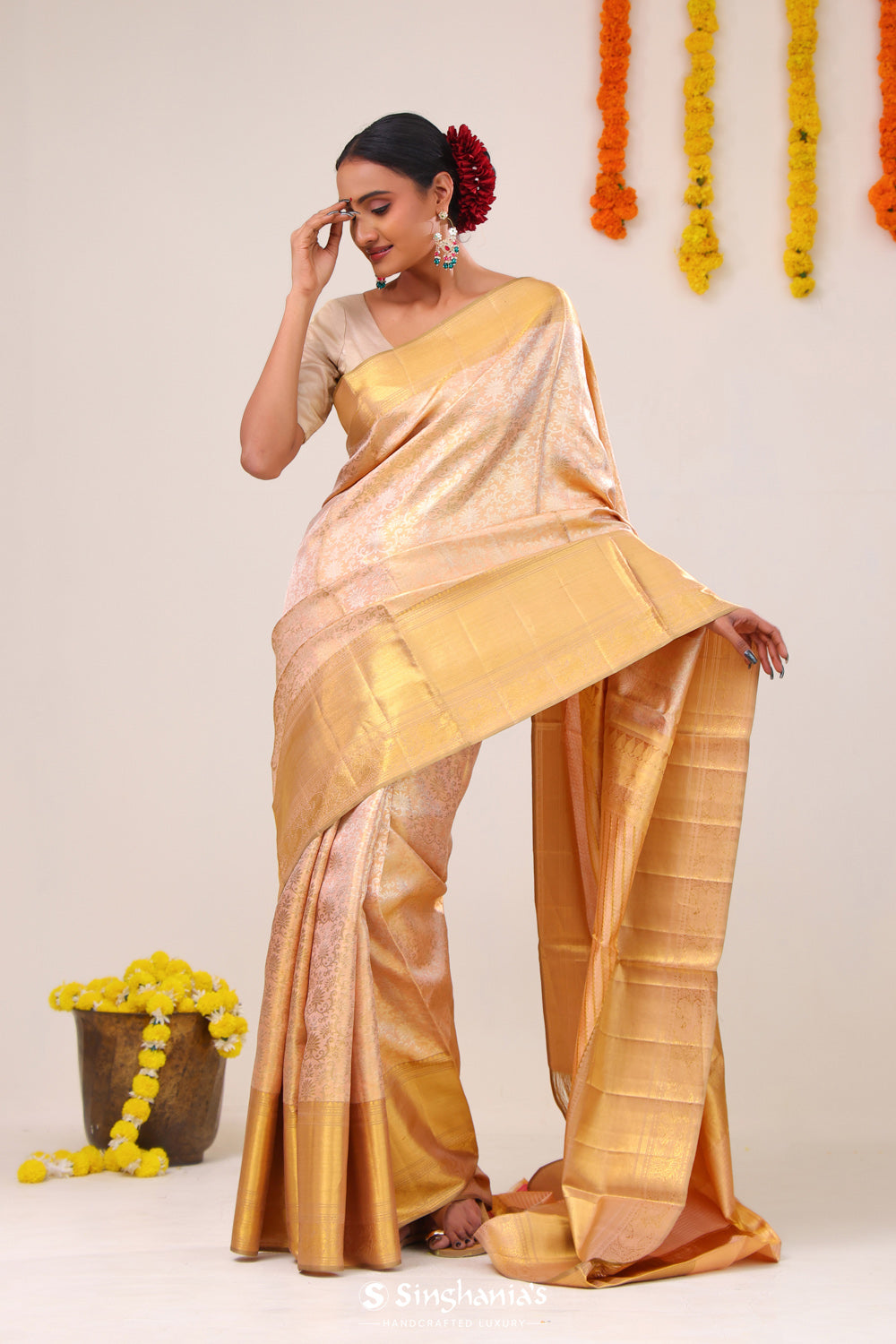 Pastel Peach Jaal Kanjivaram Silk Saree