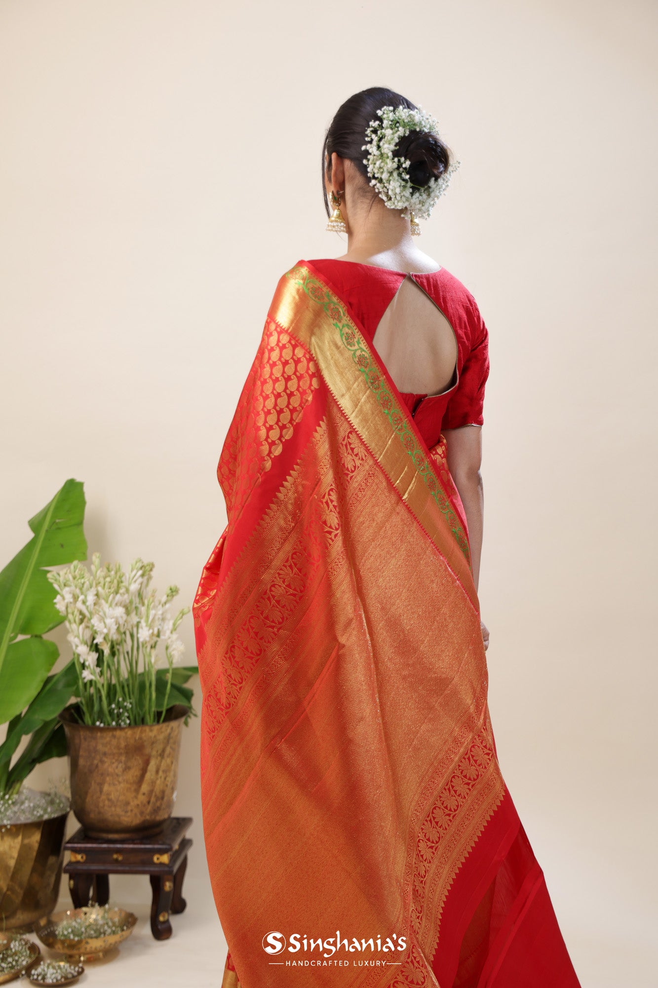 Orange Red Kanjivaram Silk Saree With Floral Buttis
