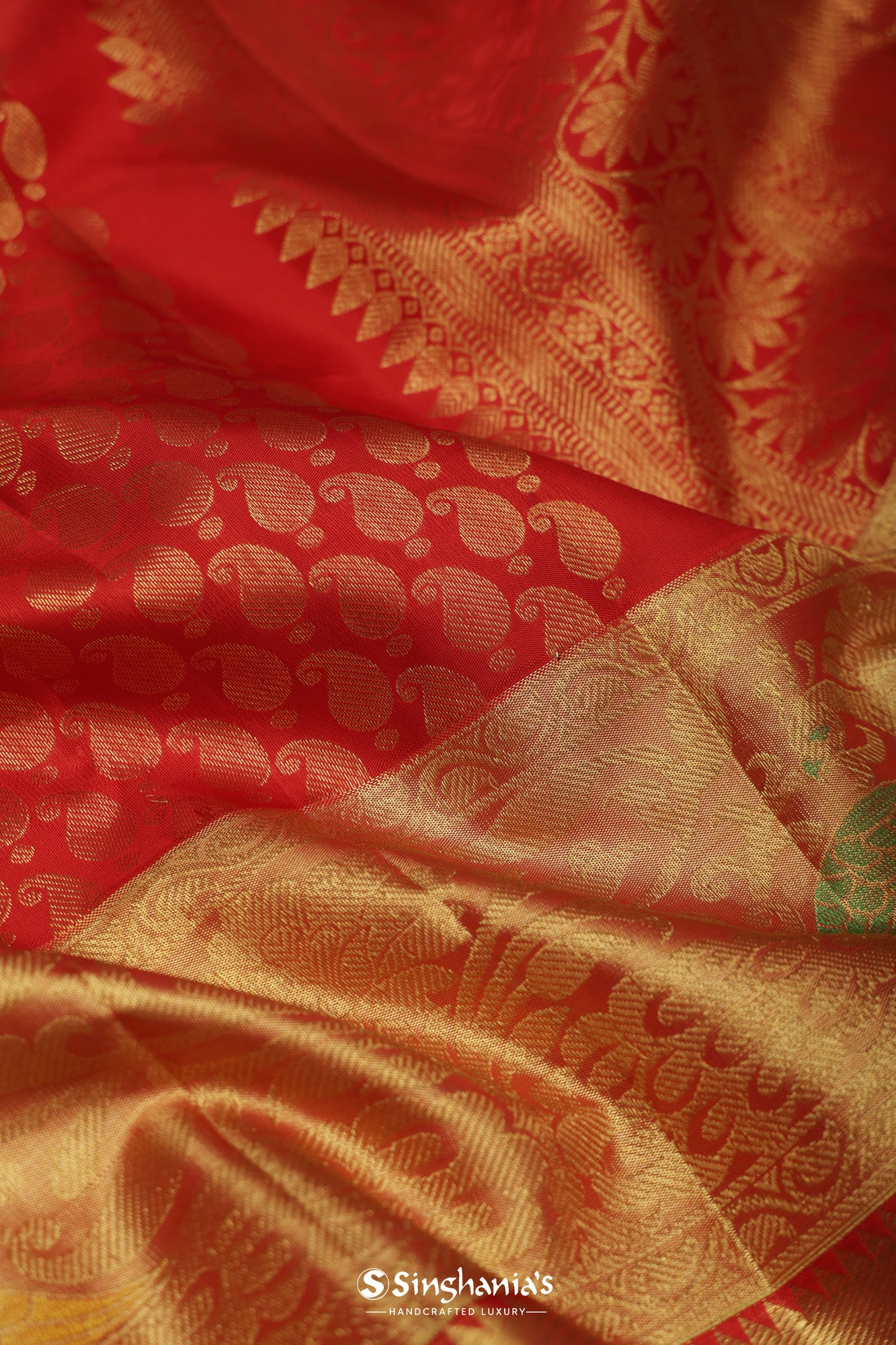 Orange Red Kanjivaram Silk Saree With Floral Buttis