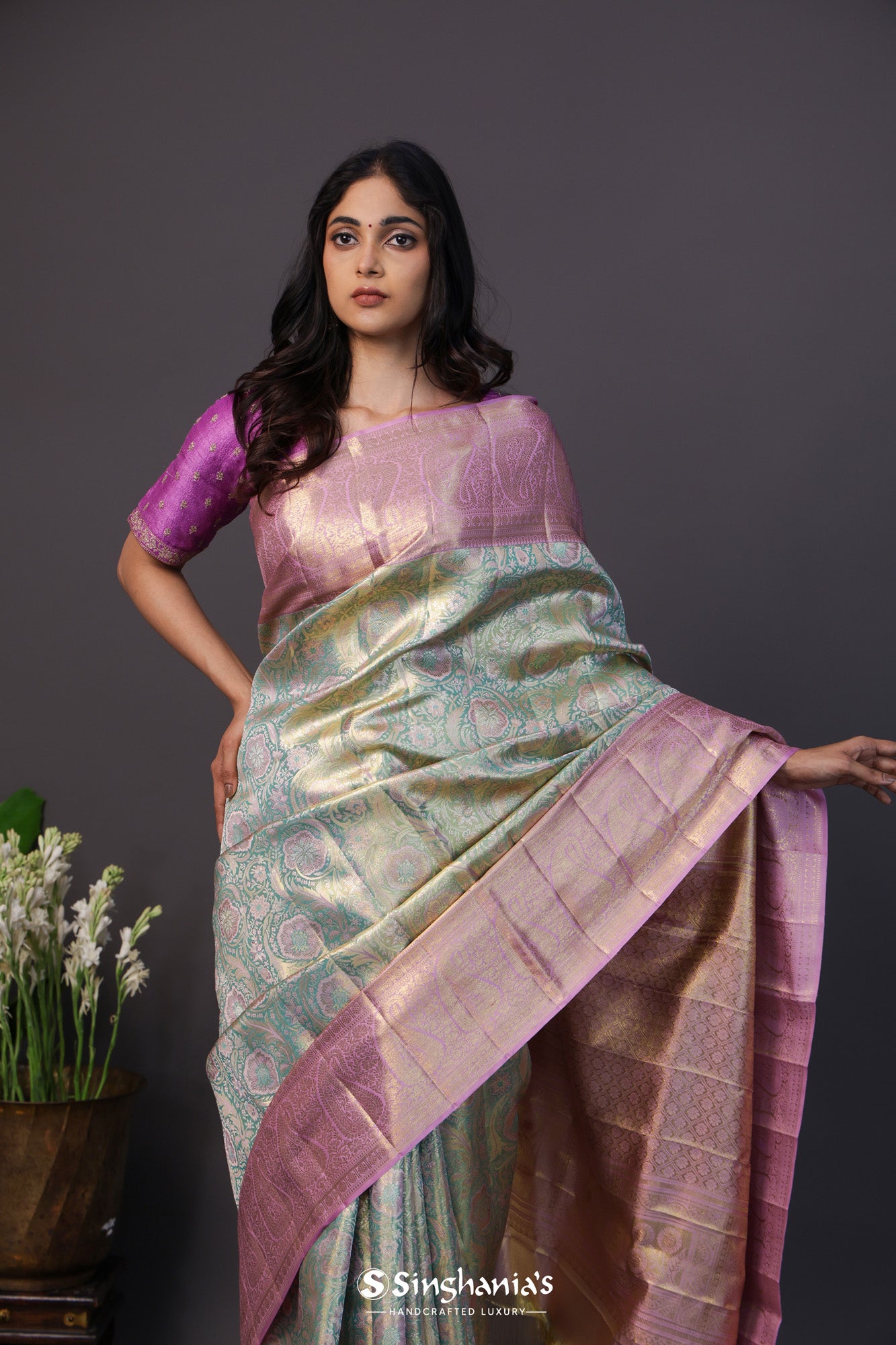 Pastel Green Tissue Kanjivaram Silk Saree With Meenakari Butti Pattern