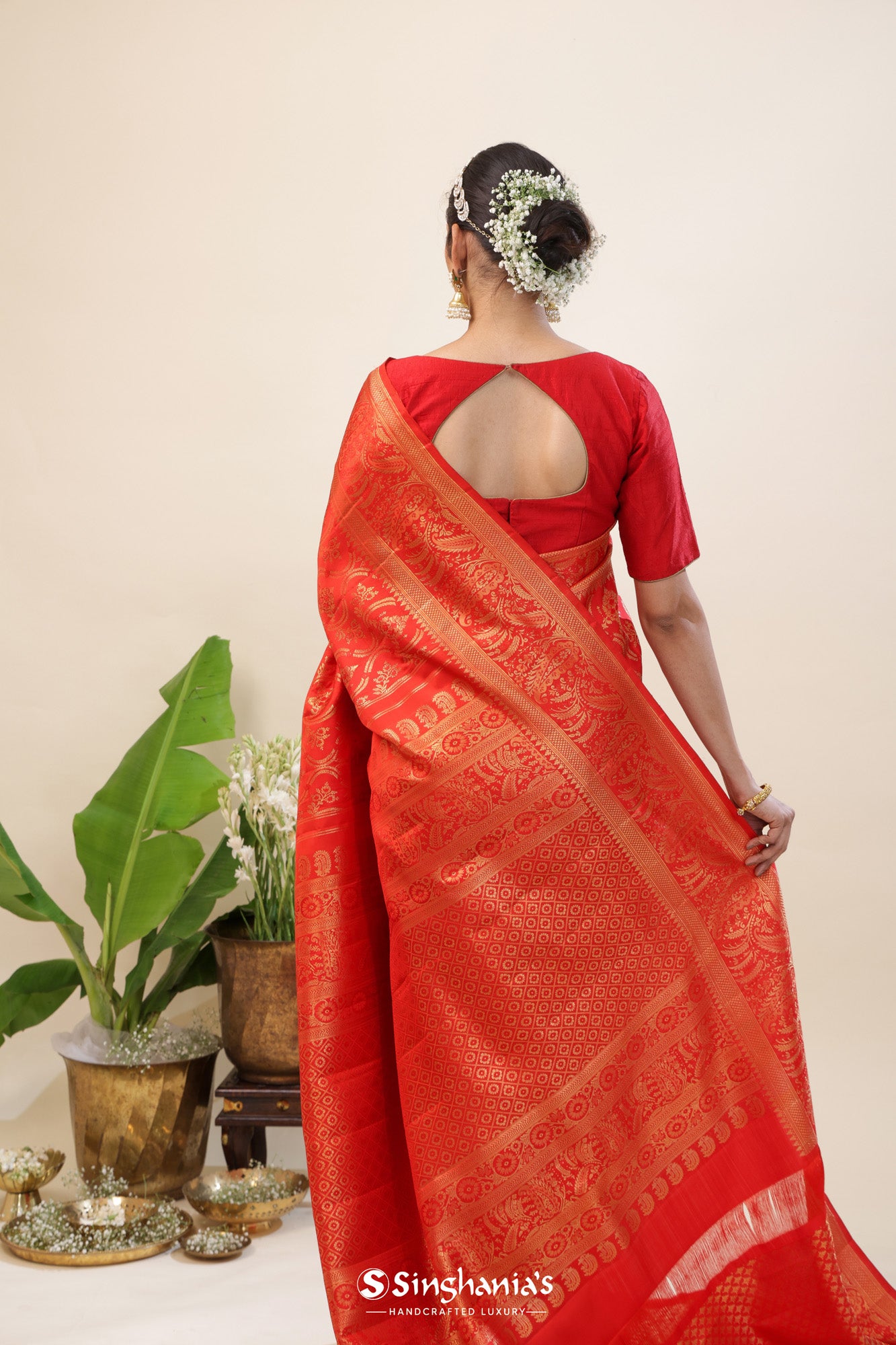 Bright Red Tissue Kanjivaram Silk Saree With Floral Butta Design