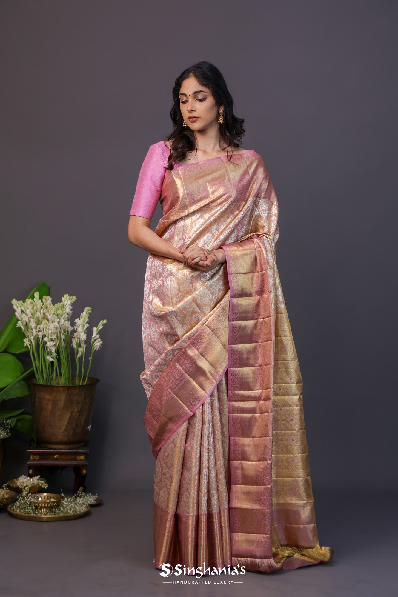 Pastel Pink Tissue Kanjivaram Silk Saree With Big Border Pattern