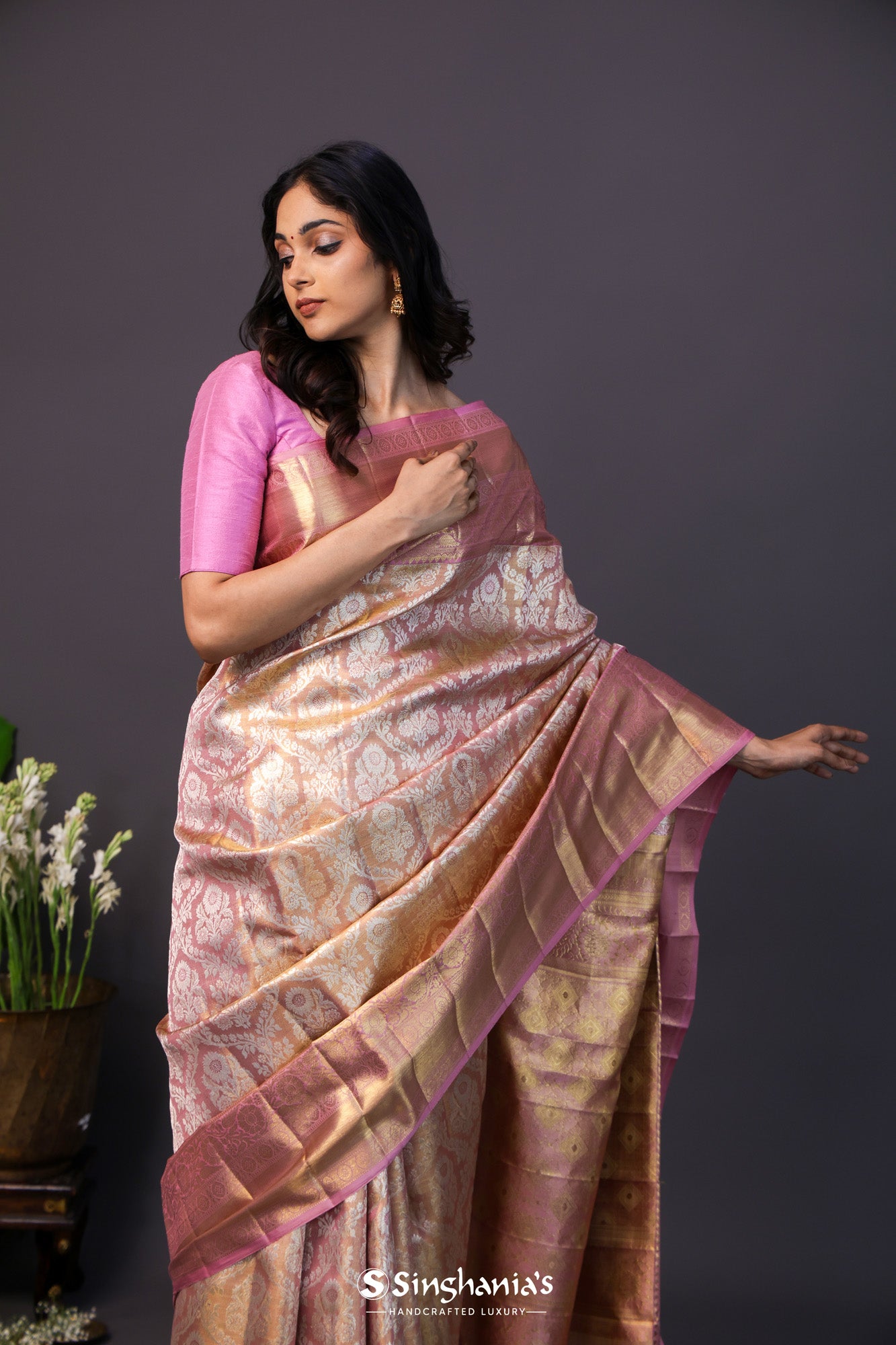 Pastel Pink Tissue Kanjivaram Silk Saree With Big Border Pattern