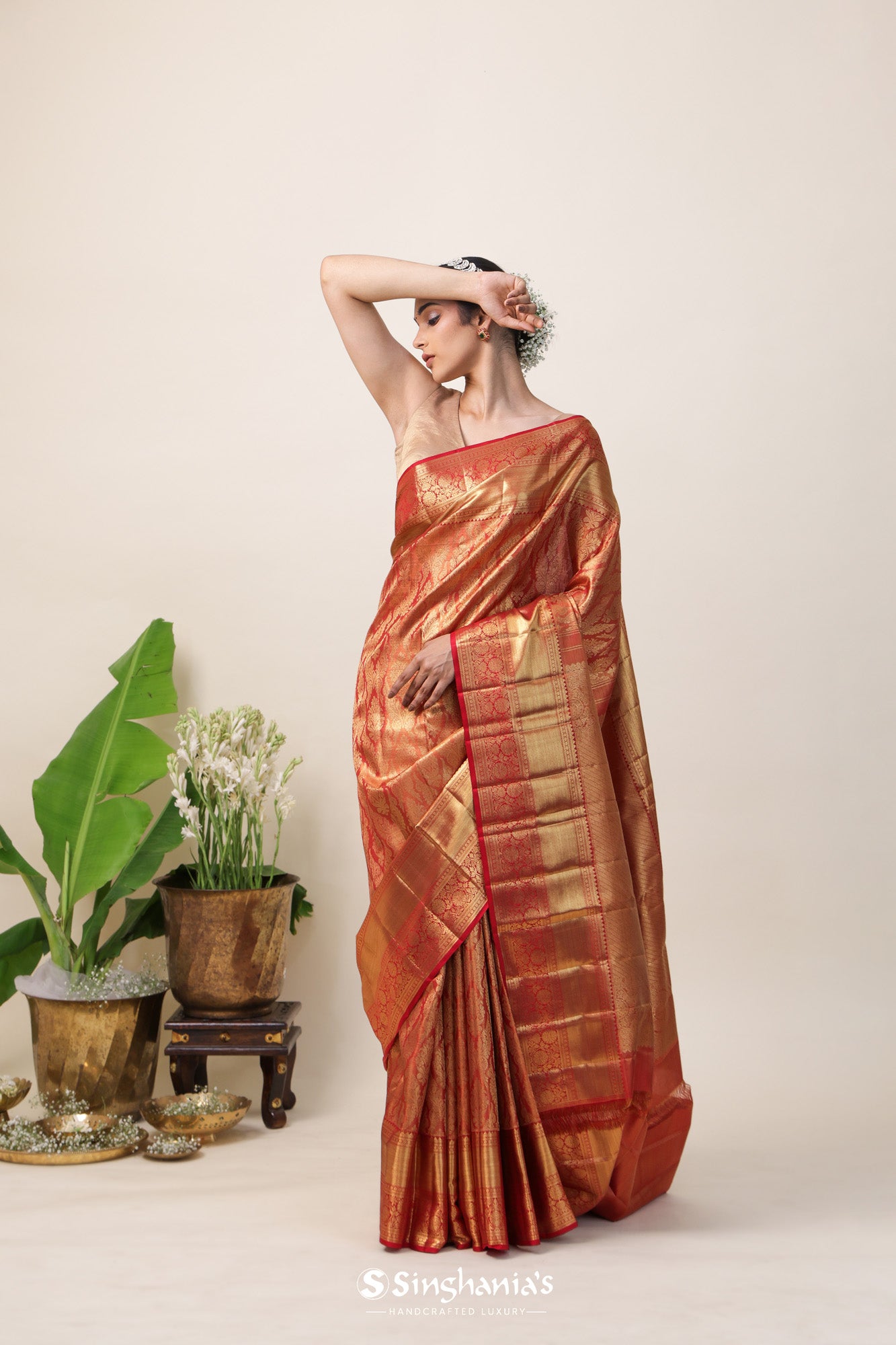 Prismatic Red Tissue Kanjivaram Silk Saree With Big Border Design