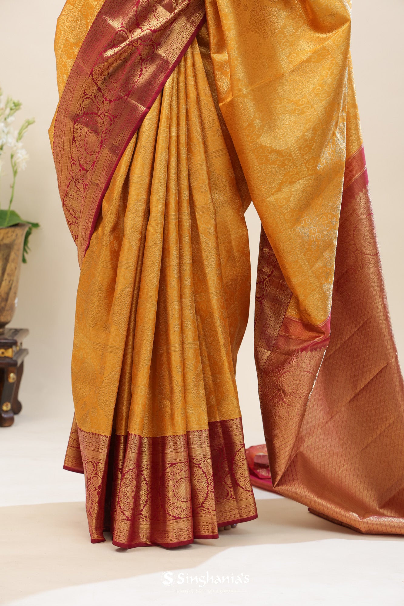 Mustard Yellow Tissue Kanjivaram Silk Saree With Floral Butti Pattern