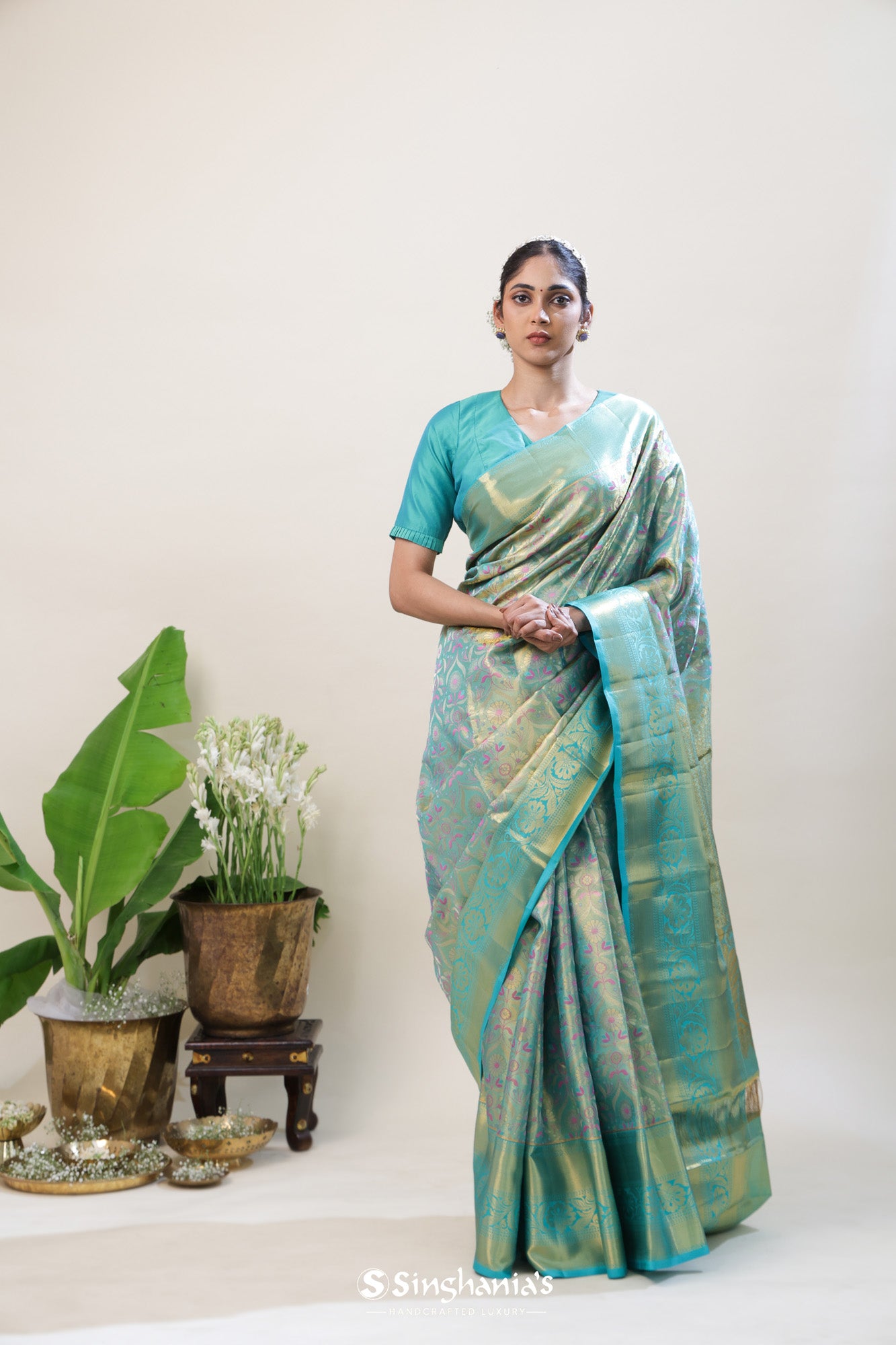 Pastel Blue Green Tissue Kanjivaram Saree With Floral Butti Design