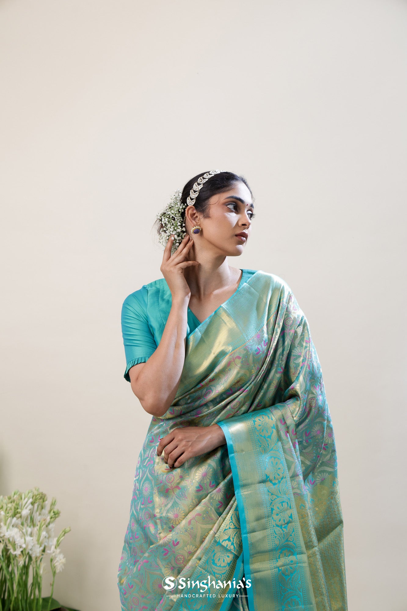 Pastel Blue Green Tissue Kanjivaram Saree With Floral Butti Design
