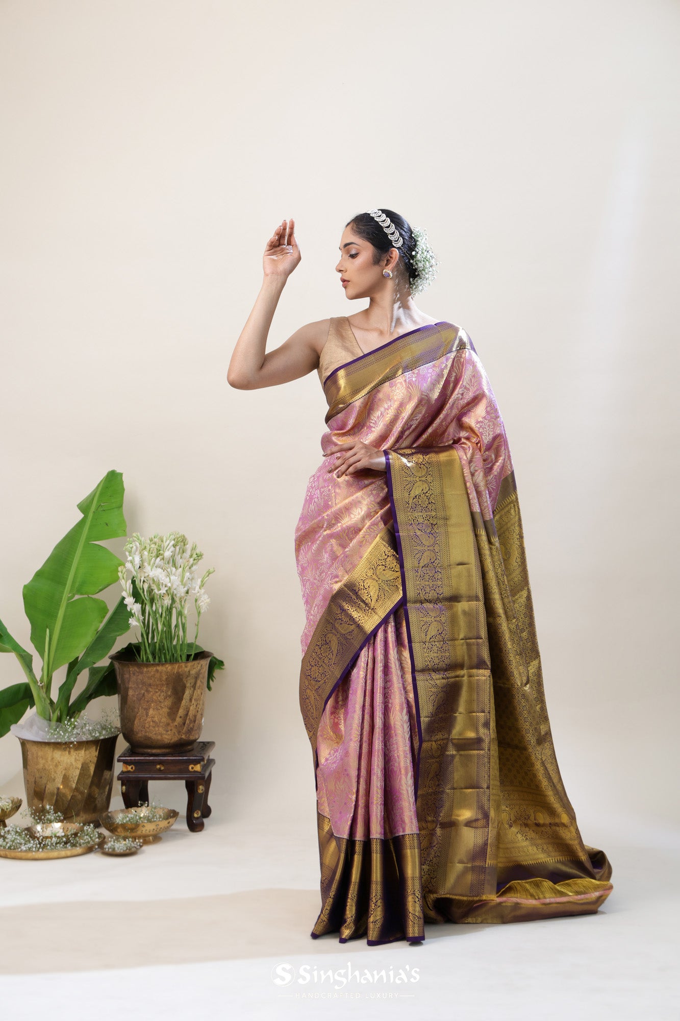 Nadeshiko Pink Tissue Kanjivaram Silk Saree With Contrast Big Border Design