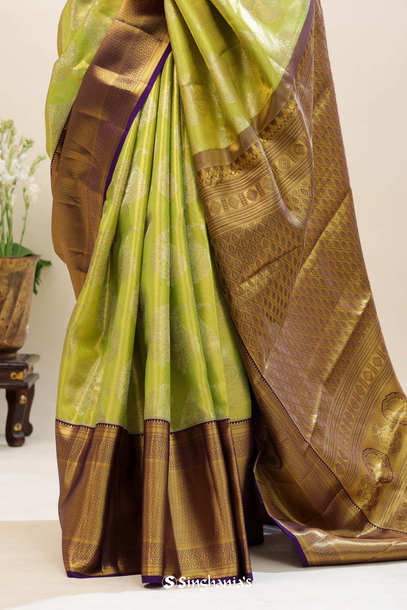 Pear Green Tissue Kanjivaram Silk Saree With Floral Butta Design