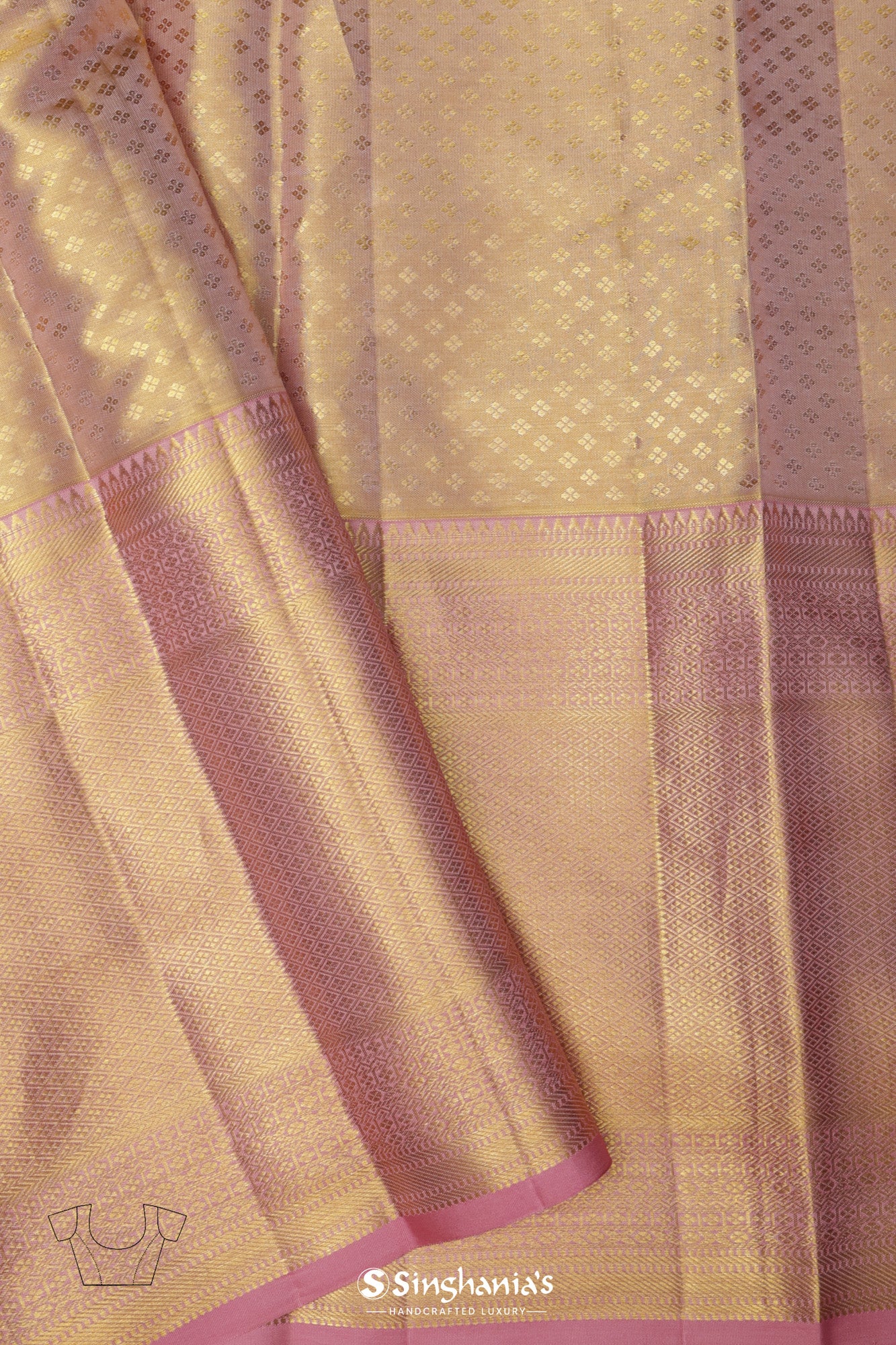 Cherry Blossom Pink Tissue Kanjivaram Silk Saree With Floral Jaal Weaving