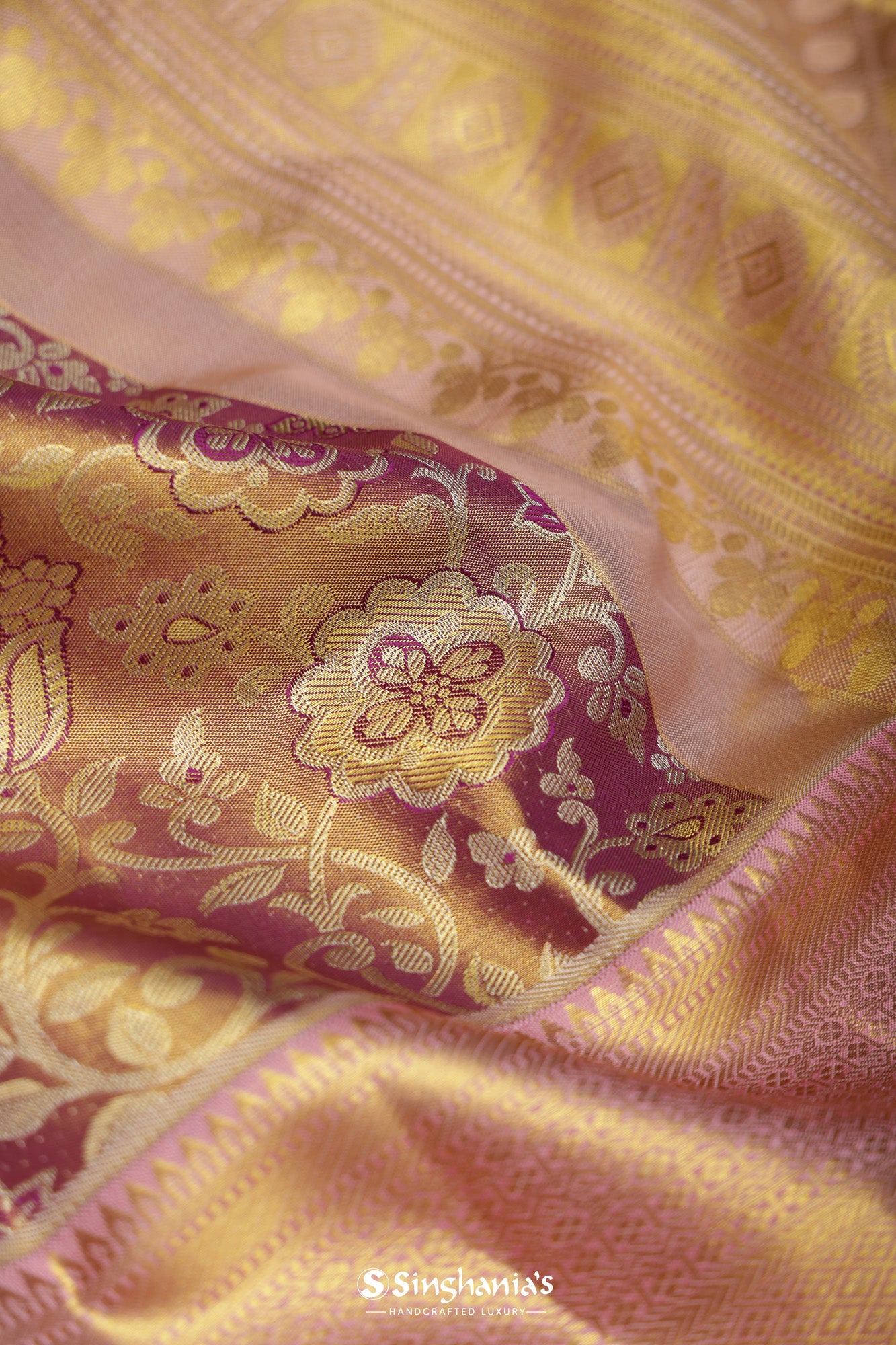 Cherry Blossom Pink Tissue Kanjivaram Silk Saree With Floral Jaal Weaving