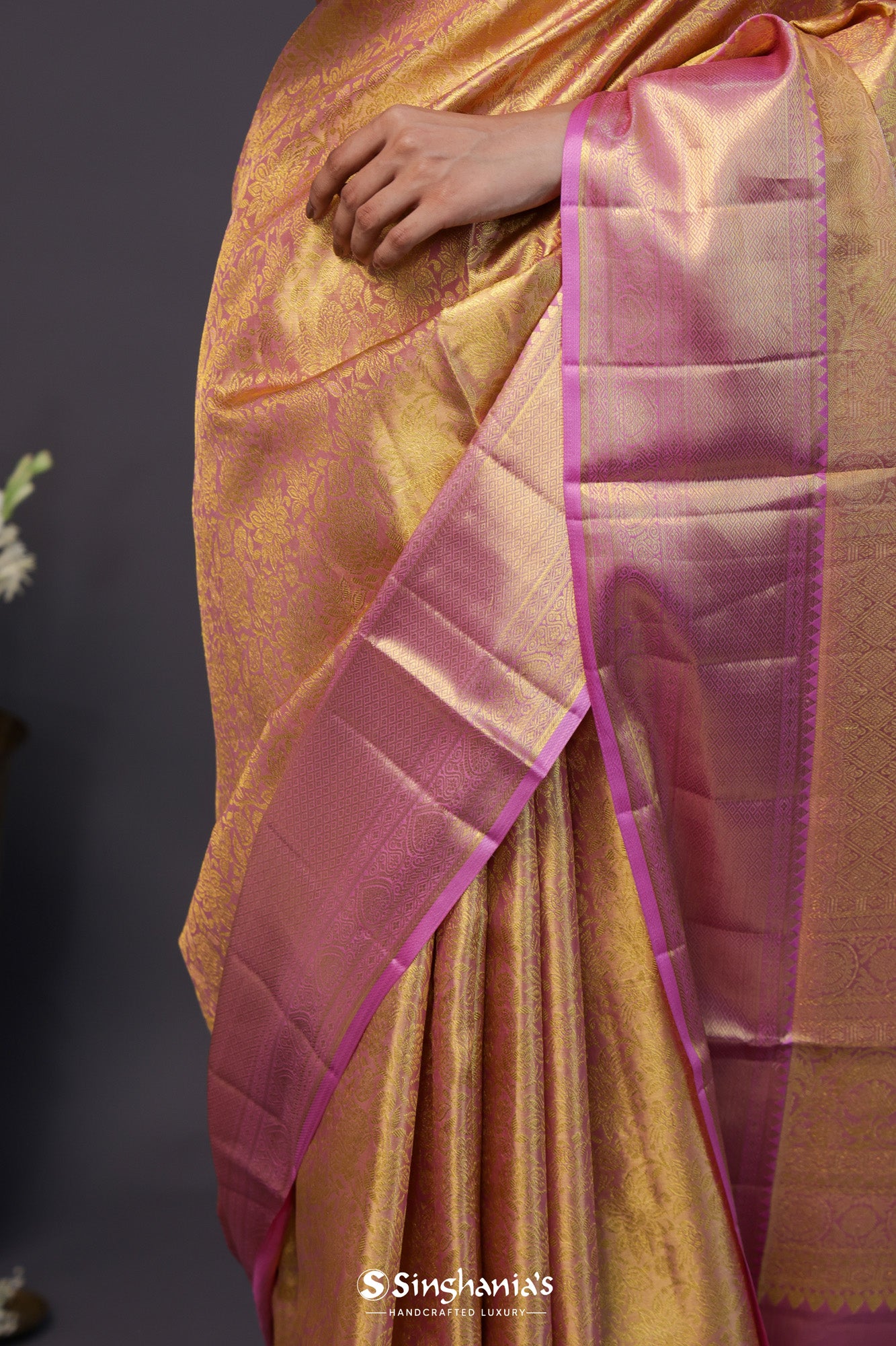 Pastel Pink Tissue Kanjivaram Silk Saree With Jaal Design
