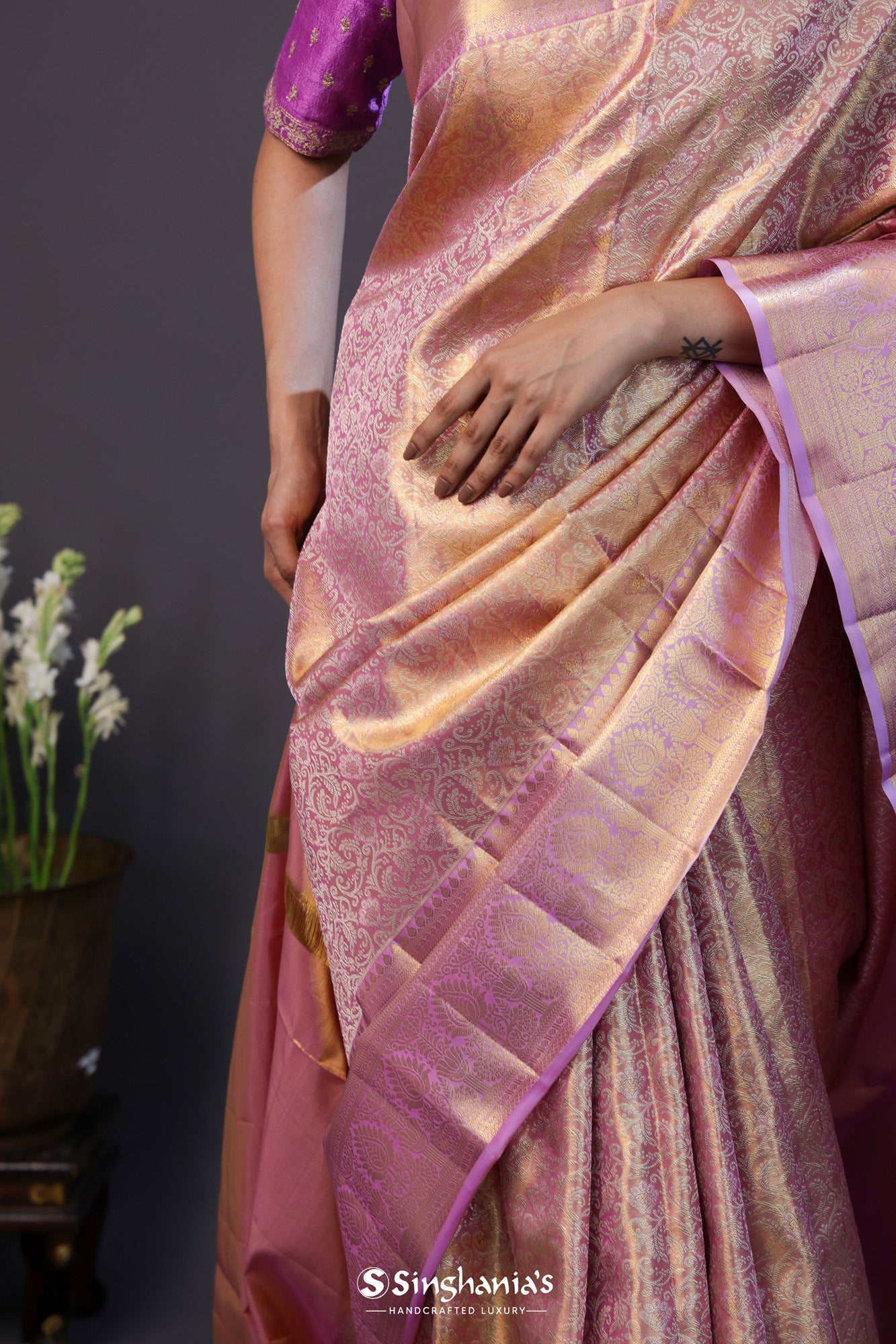 Pastel Pink Tissue Kanjivaram Silk Saree With Jaal Big Border Design