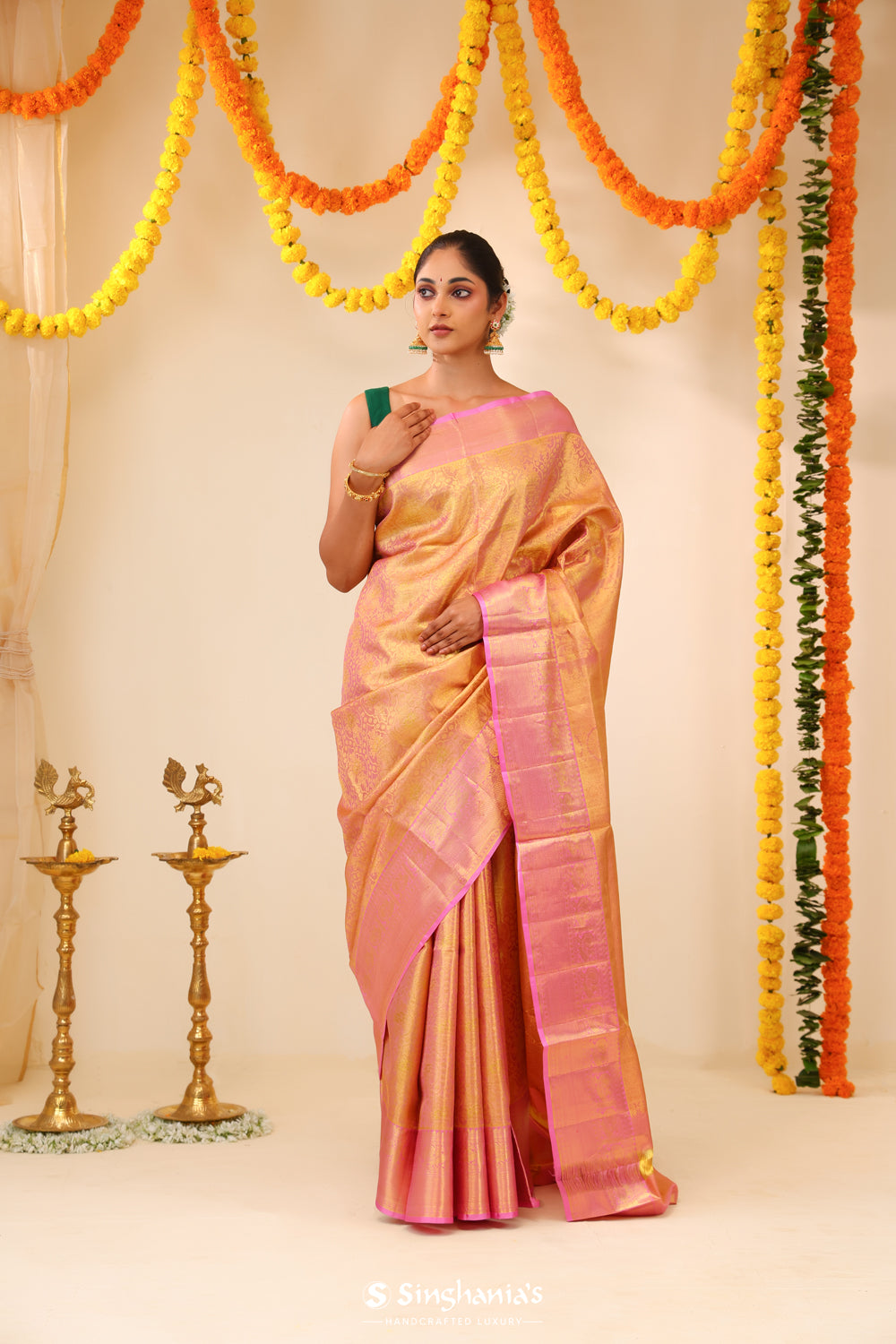 Pearl Pink Tissue Kanjivaram Saree With Floral Jaal Weaving