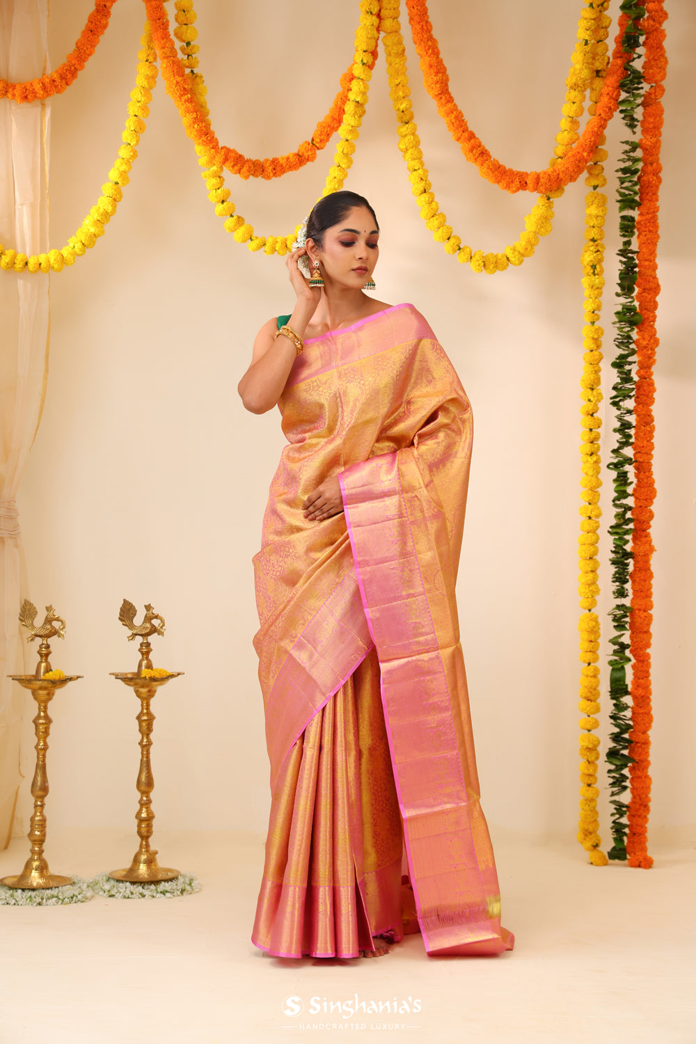 Pearl Pink Tissue Kanjivaram Saree With Floral Jaal Weaving