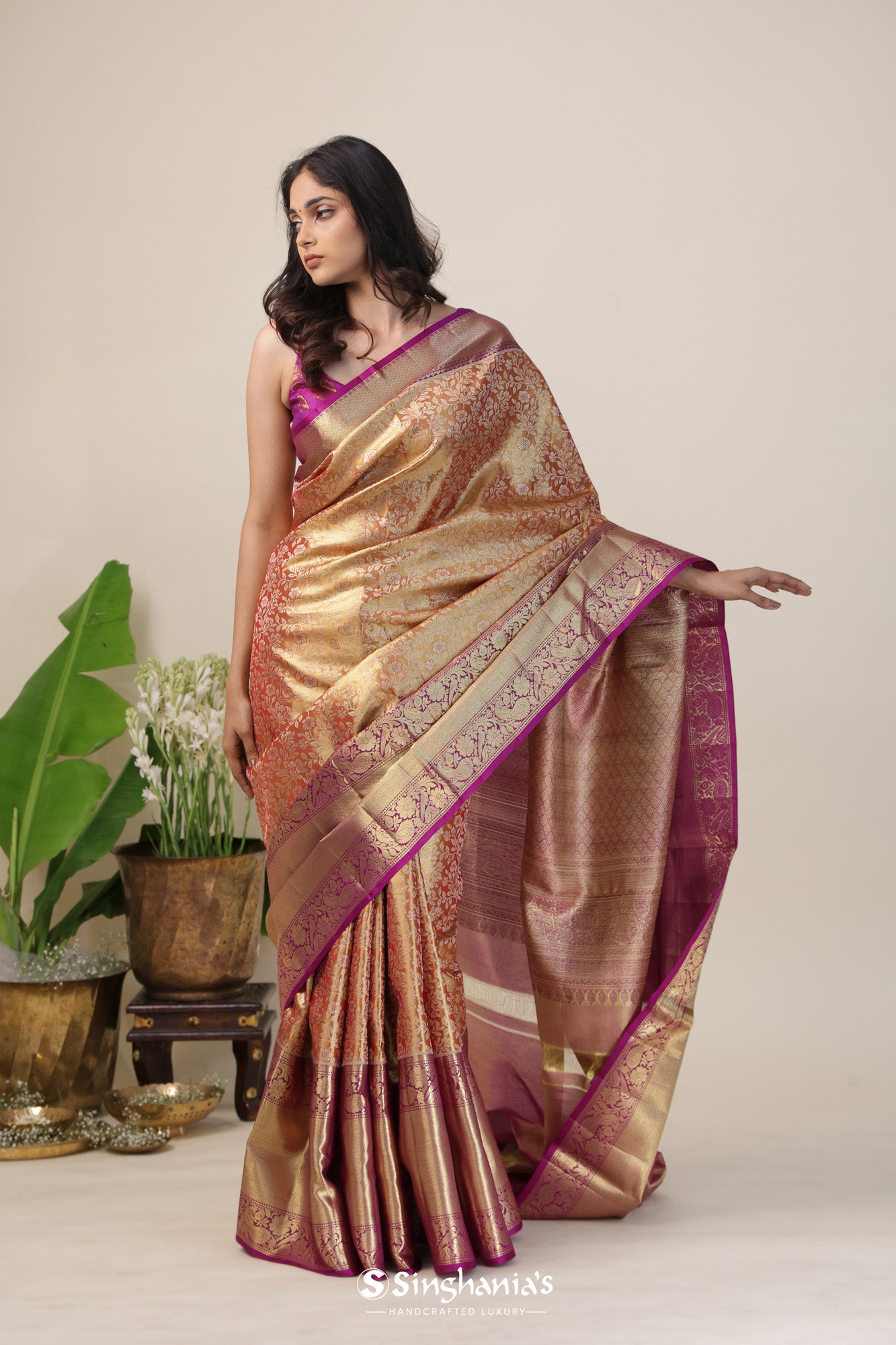 Metallic Orange Tissue Kanjivaram Silk Saree With Jangla Design