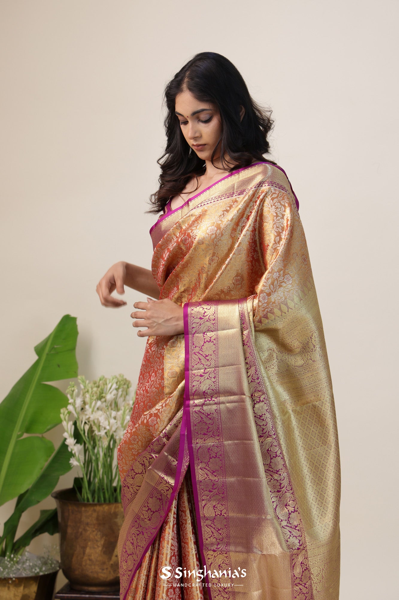 Metallic Orange Tissue Kanjivaram Silk Saree With Jangla Design