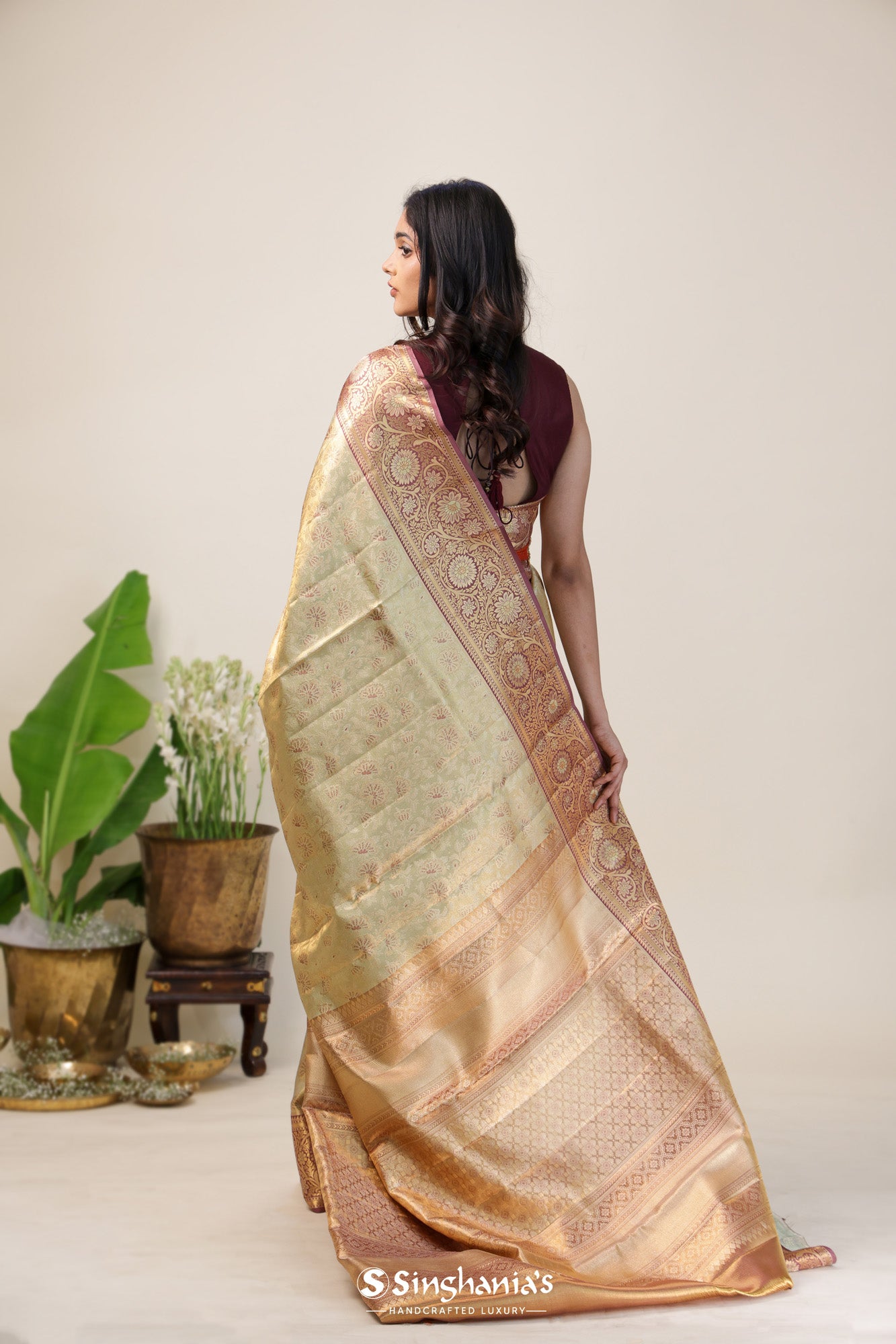 Pastel Grey Green Tissue Kanjivaram Silk Saree With Floral Design