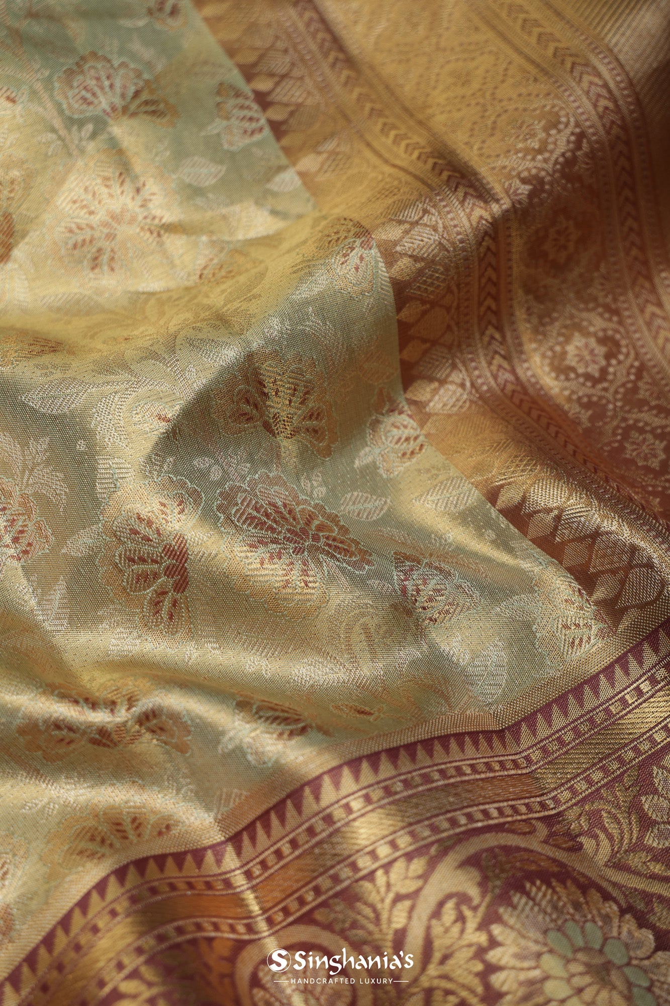 Pastel Grey Green Tissue Kanjivaram Silk Saree With Floral Design