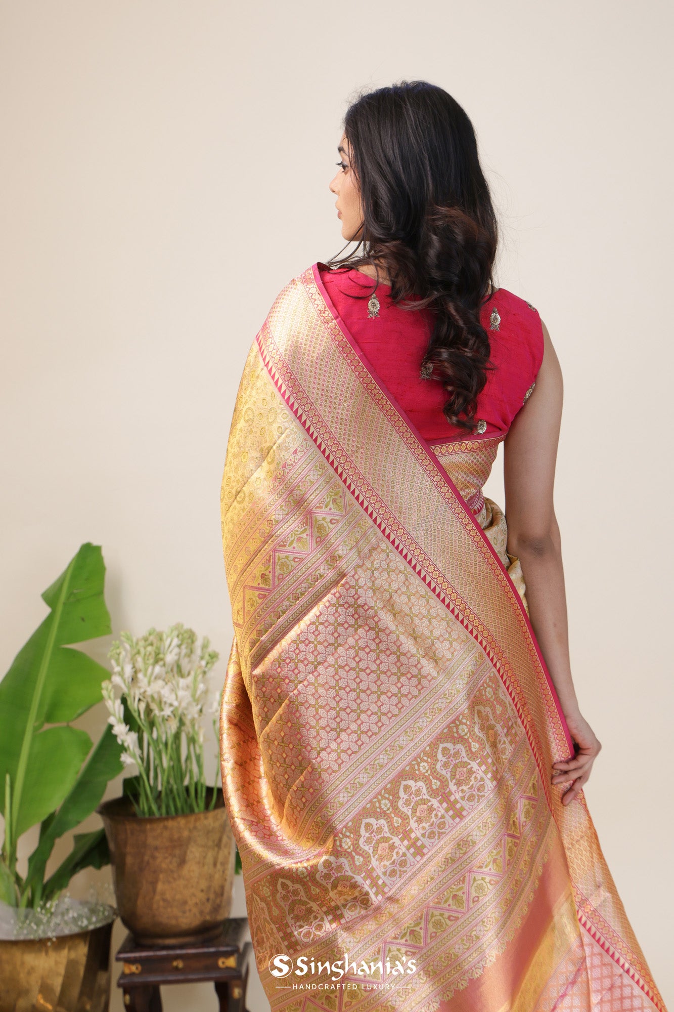 Blond Gold Tissue Kanjivaram Silk Saree With Meenakari Design
