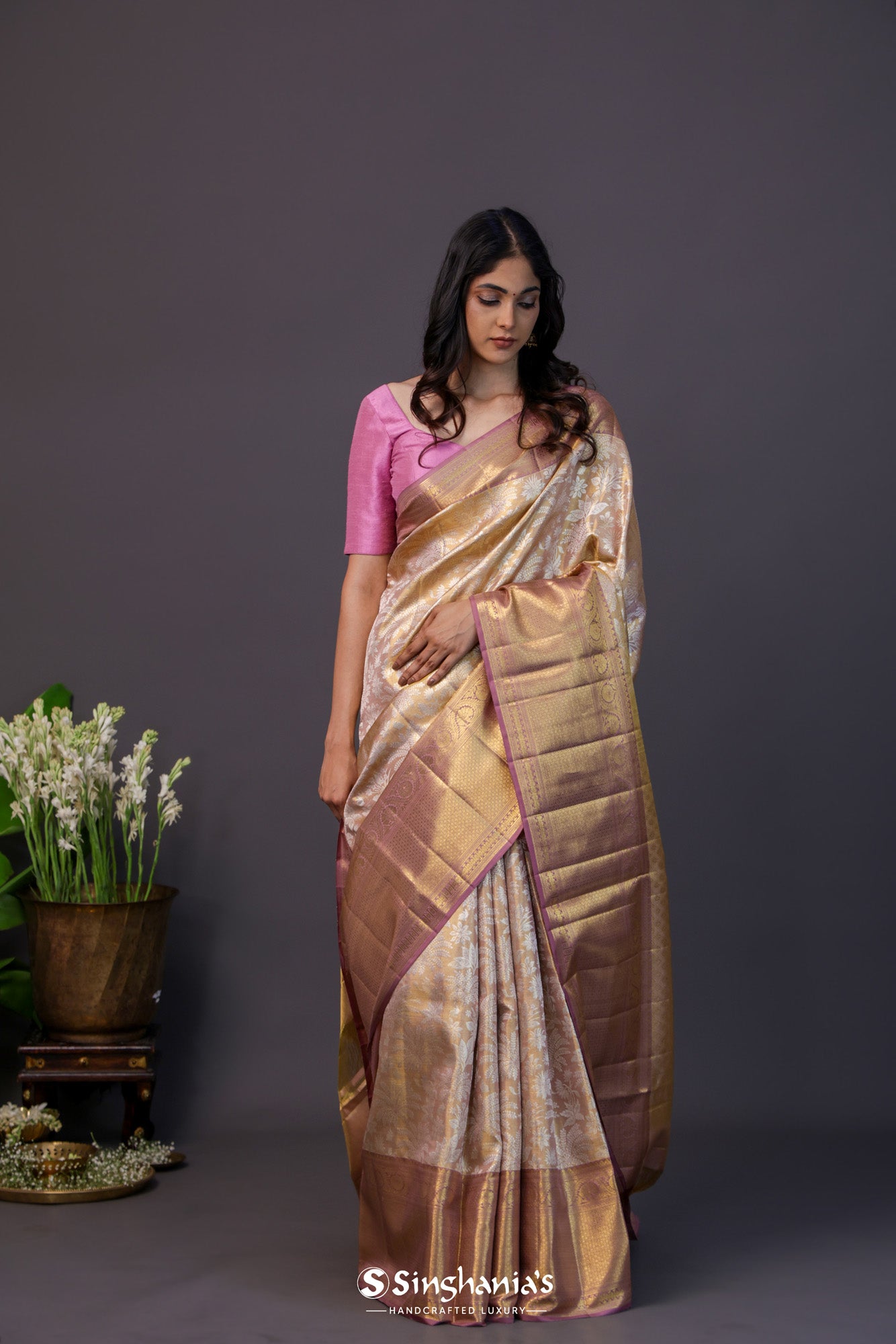 Brown-Beige Tissue Kanjivaram Silk Saree With Jangla Design