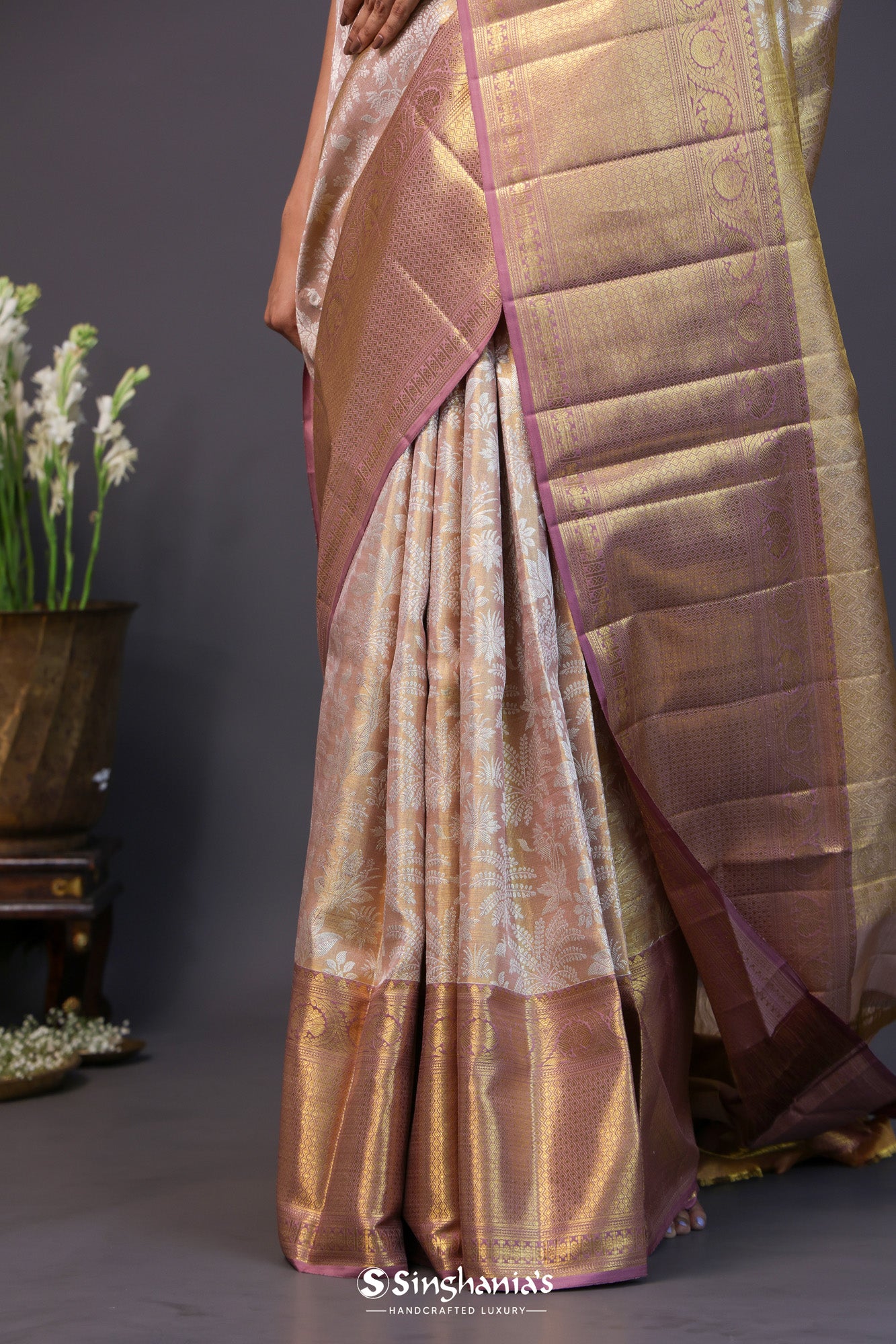 Brown-Beige Tissue Kanjivaram Silk Saree With Jangla Design