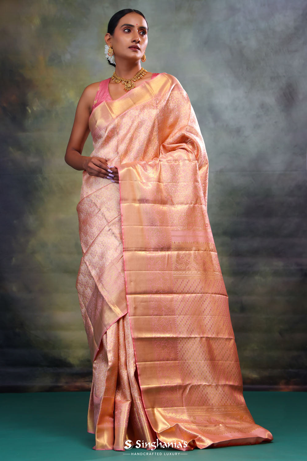 Peach Pink Jaali Kanjivaram Silk Saree