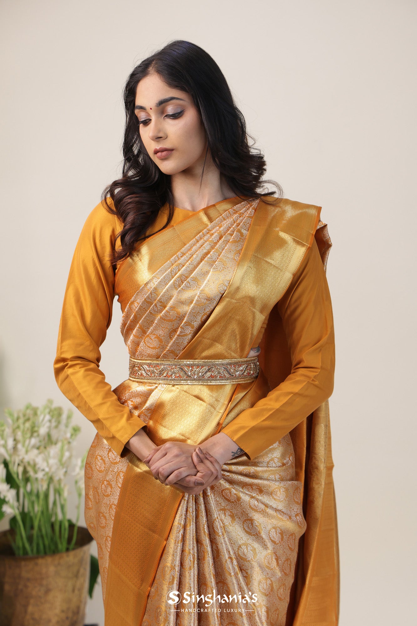 Gold Tissue Kanjivaram Silk Saree With Peacock Motifs