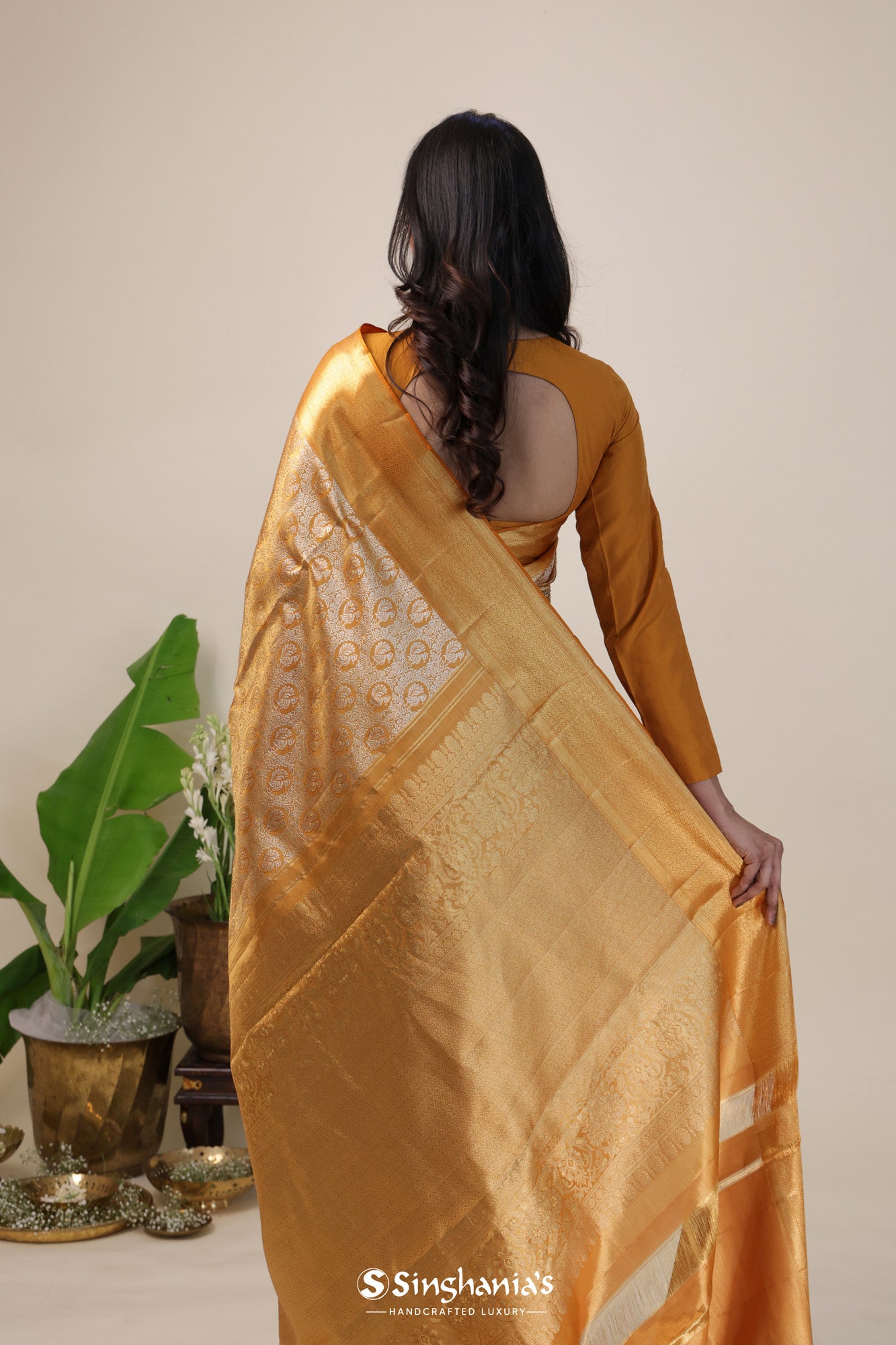 Gold Tissue Kanjivaram Silk Saree With Peacock Motifs