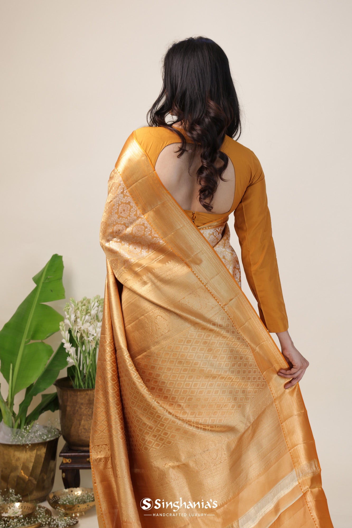 Gold Tissue Kanjivaram Silk Saree With Floral Design