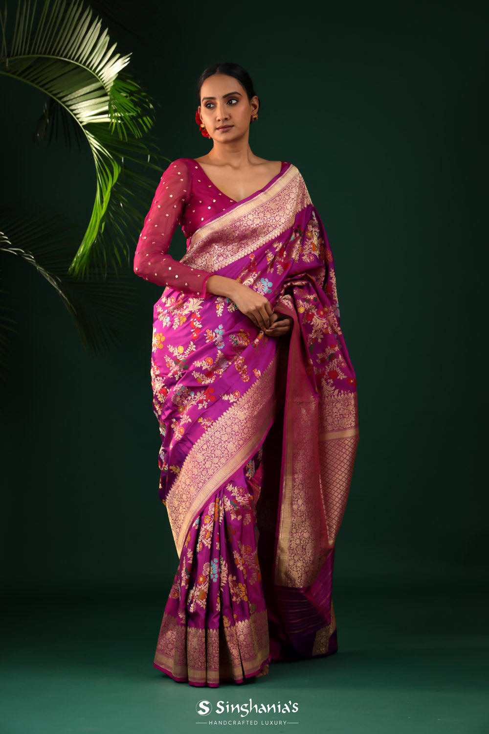 True Purple Banarasi Silk Saree With Intricate Butta Details