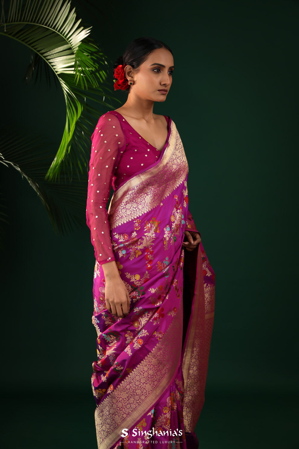 True Purple Banarasi Silk Saree With Intricate Butta Details