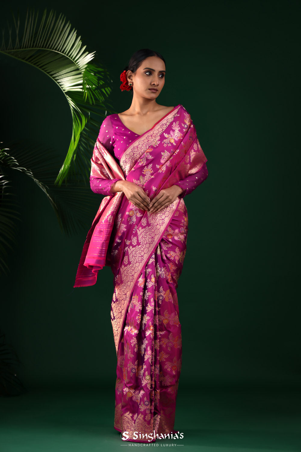 Deep Pink-Purple Banarasi Silk Saree With Chevron Meenakari Weaving