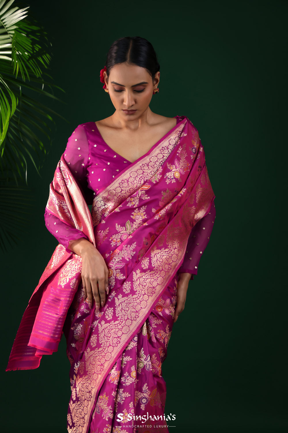 Deep Pink-Purple Banarasi Silk Saree With Chevron Meenakari Weaving