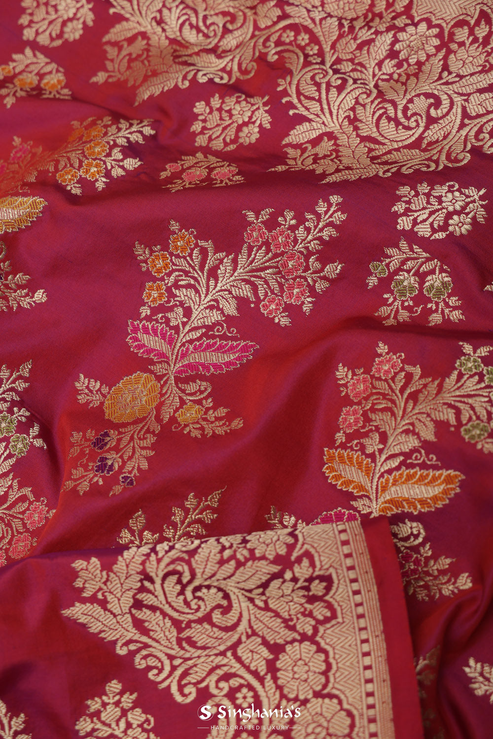 Deep Pink-Purple Banarasi Silk Saree With Chevron Meenakari Weaving