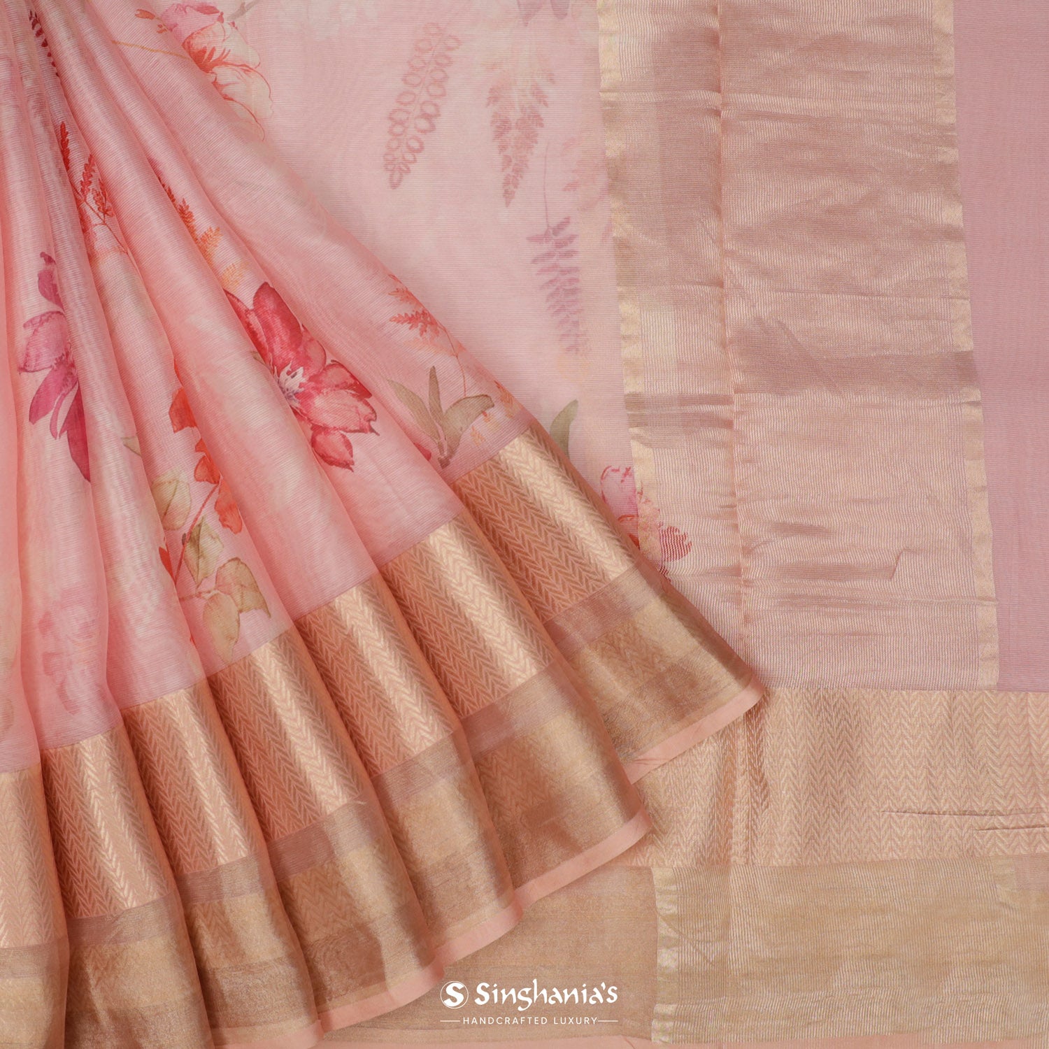 Peach Pink Printed Maheshwari Saree With Floral Pattern