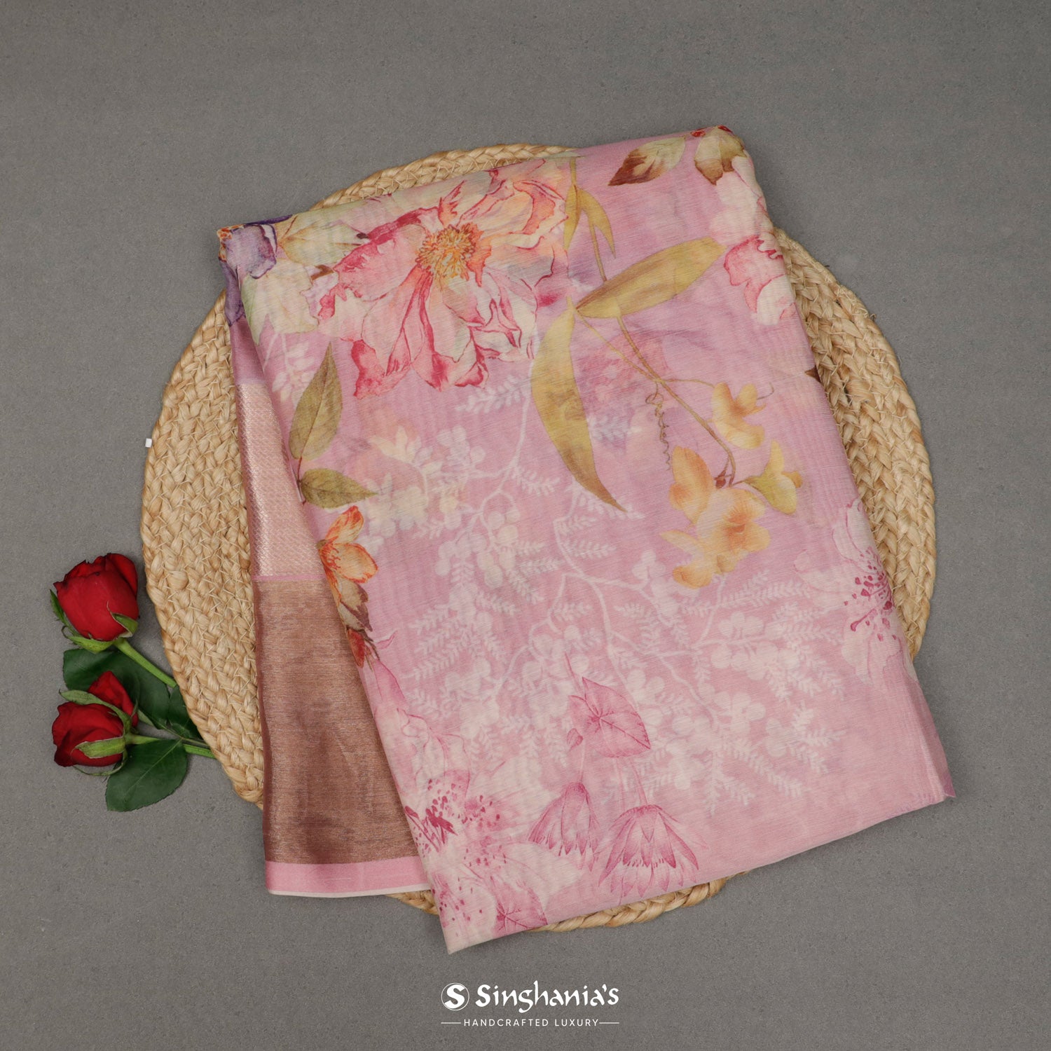 Carnation Pink Printed Maheshwari Saree With Floral Pattern