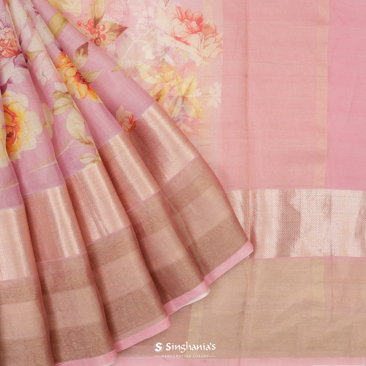 Carnation Pink Printed Maheshwari Saree With Floral Pattern