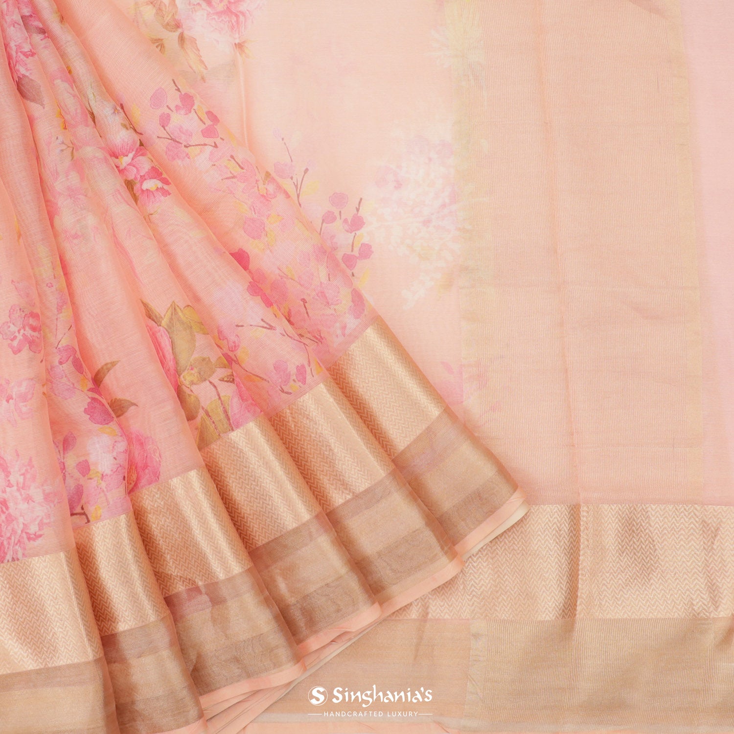 Spanish Pink Printed Maheshwari Saree With Floral Pattern