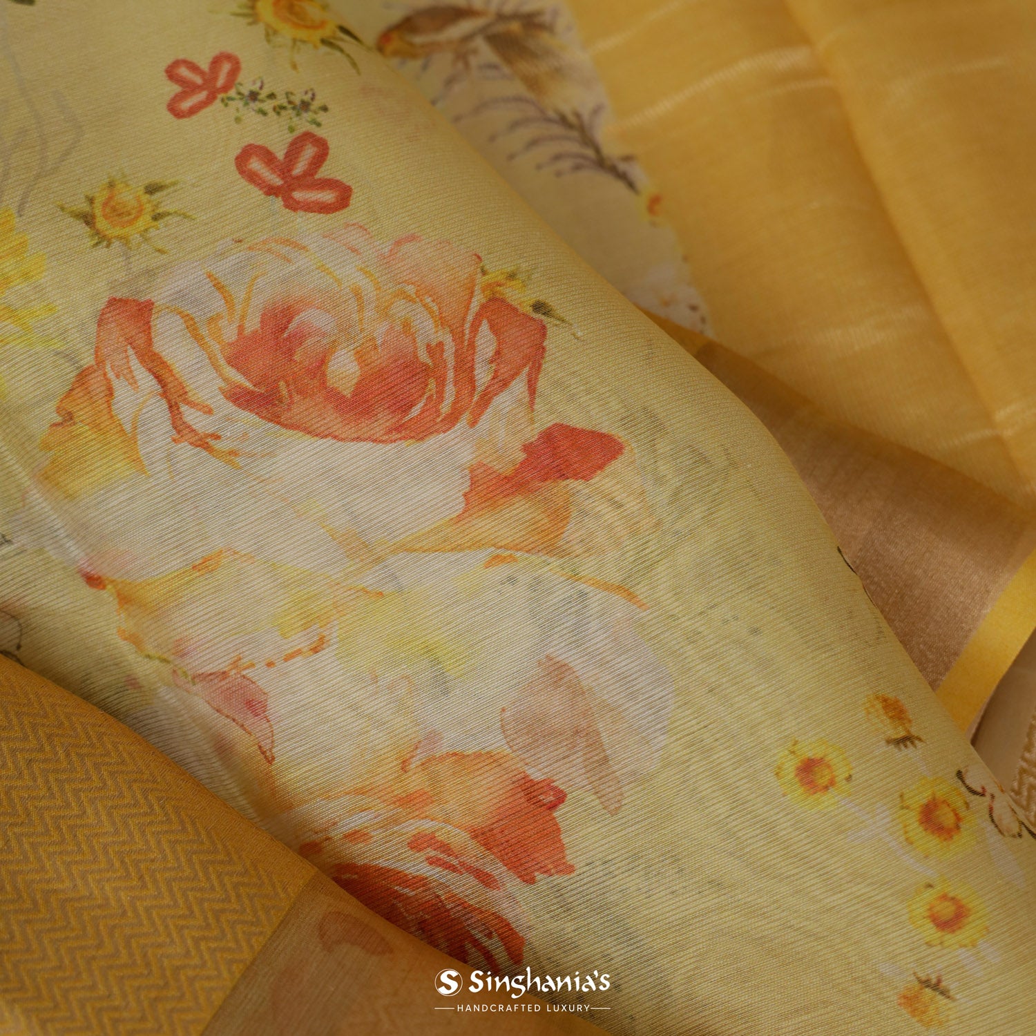 Light Yellow Printed Maheshwari Saree With Floral Jaal Pattern