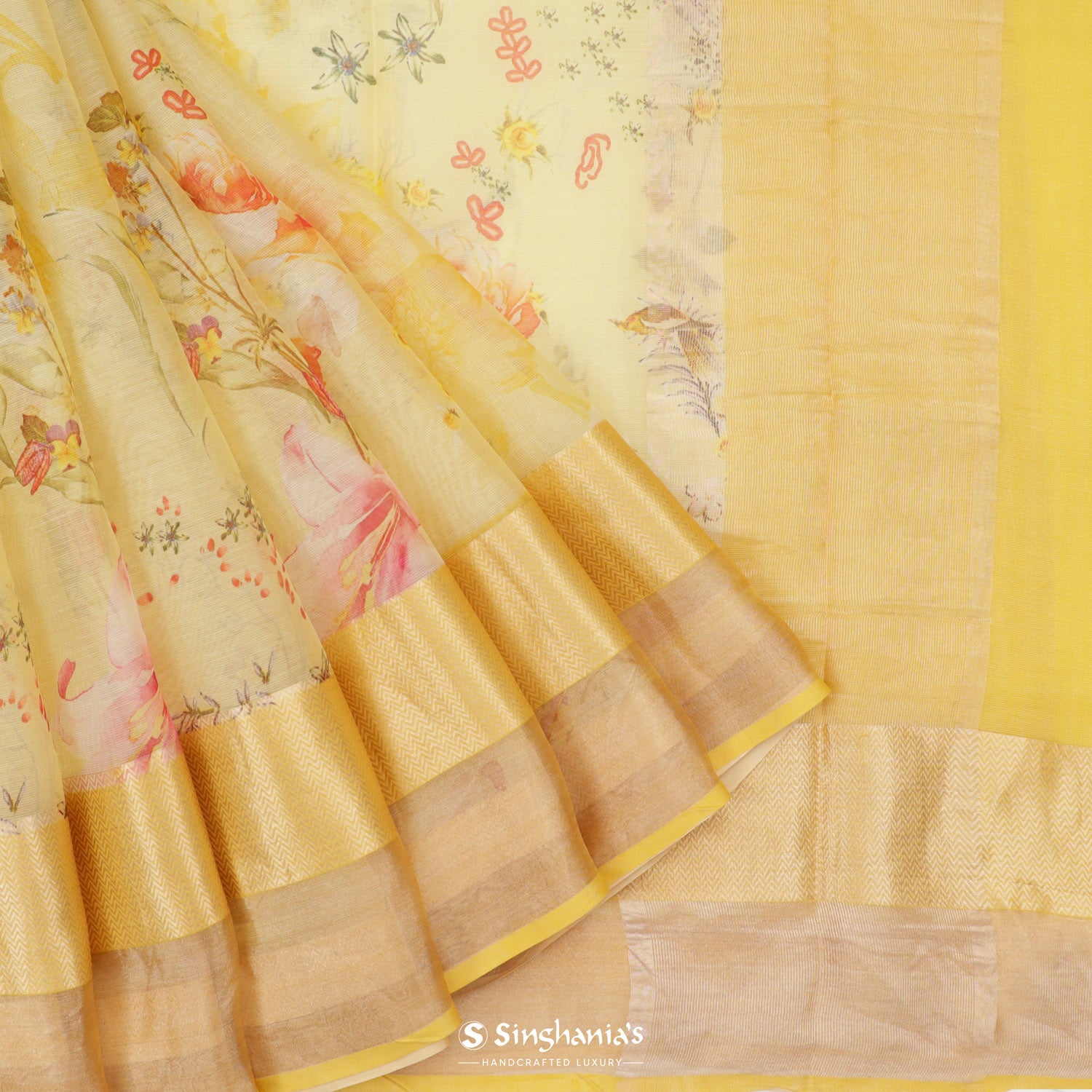 Light Yellow Printed Maheshwari Saree With Floral Jaal Pattern