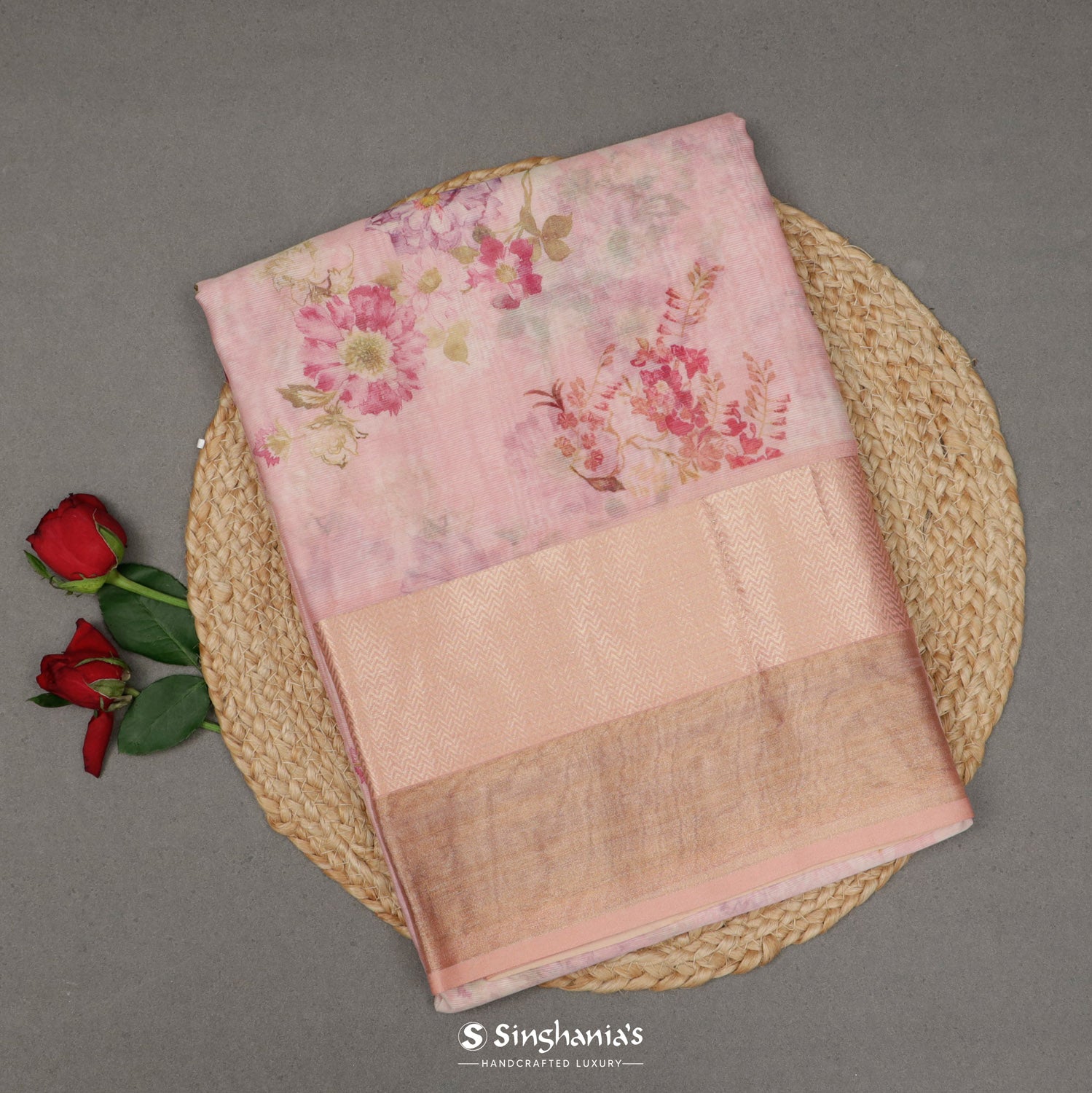 Pastel Pink Printed Maheshwari Saree With Floral Pattern